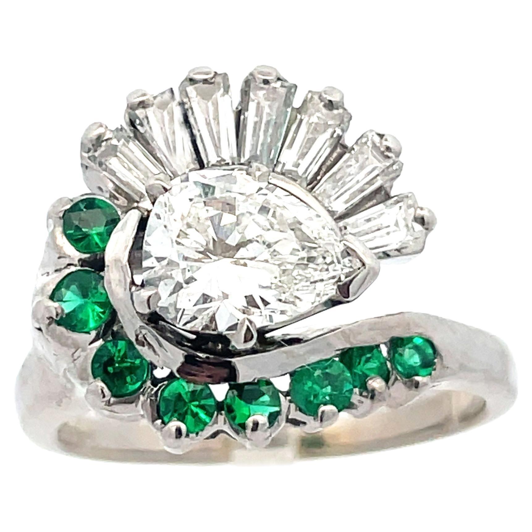 1950s 14k White Gold Pear Shaped Diamond and Emerald Ring with GIA Report