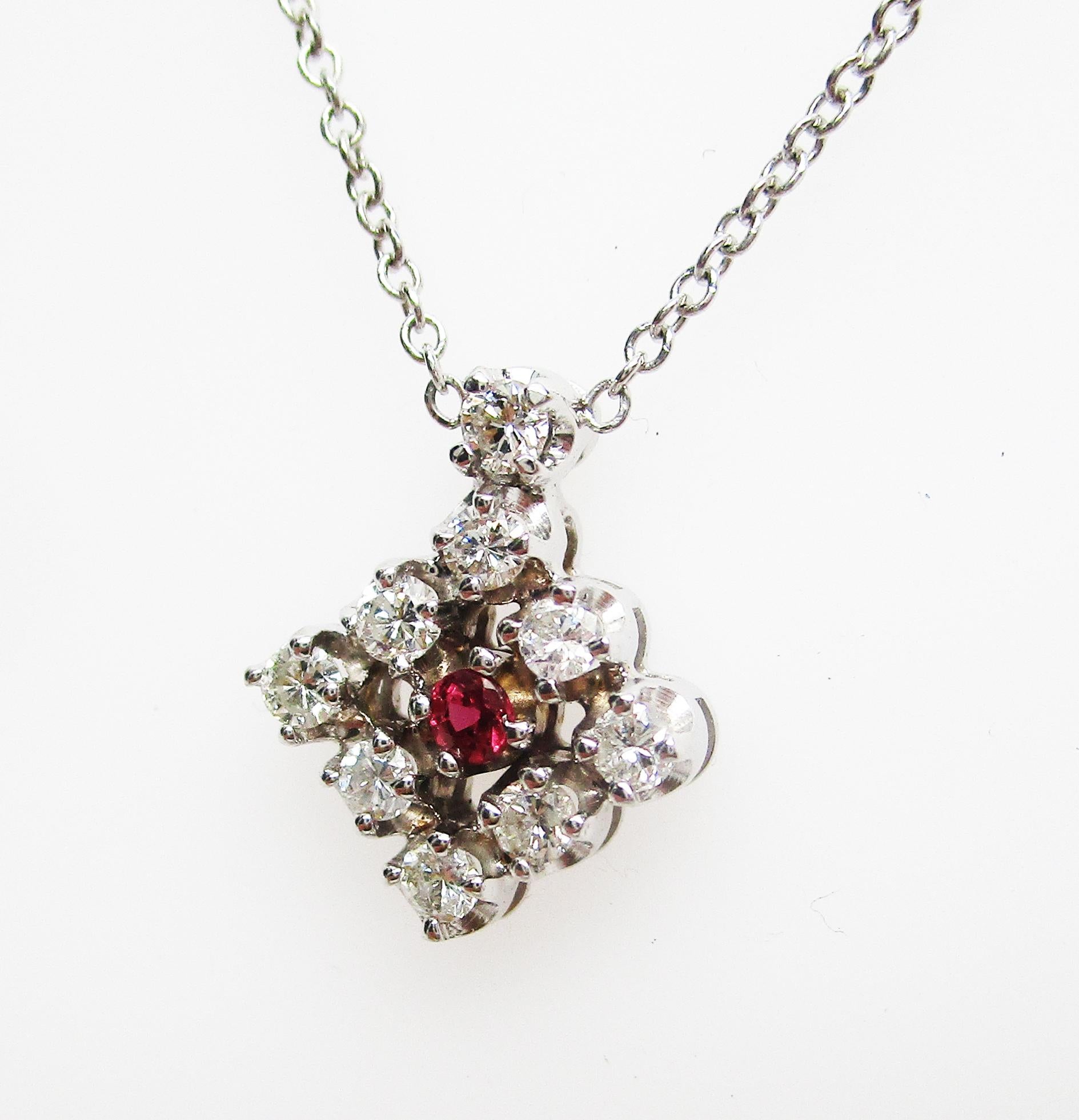 Round Cut 1950s, 14K White Gold Ruby and Diamond Necklace