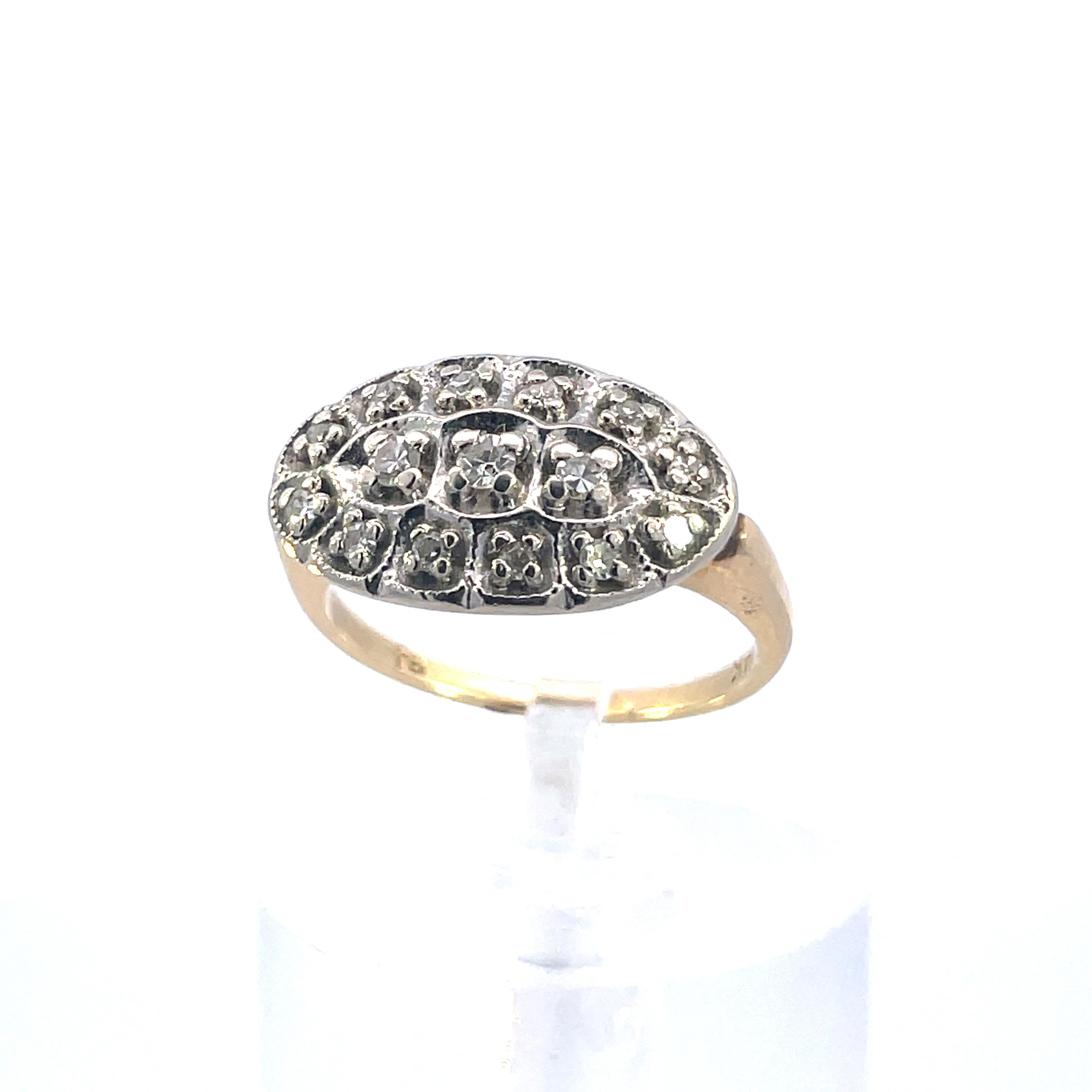 Round Cut 1950s 14k Yellow and White Gold Diamond Cluster RIng  For Sale