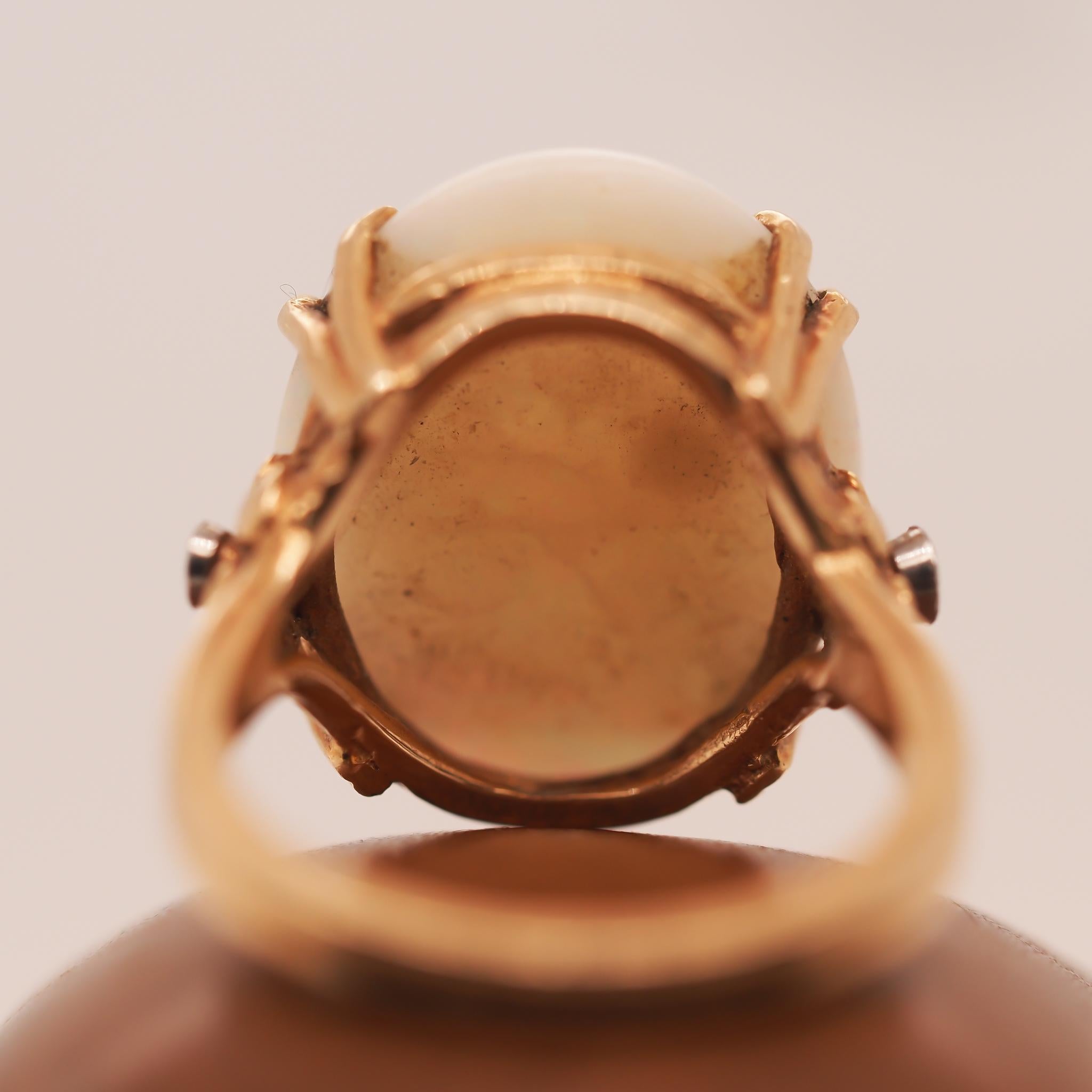 1950s 14K Yellow Gold Large Opal and Diamond Ring In Good Condition For Sale In Hicksville, NY