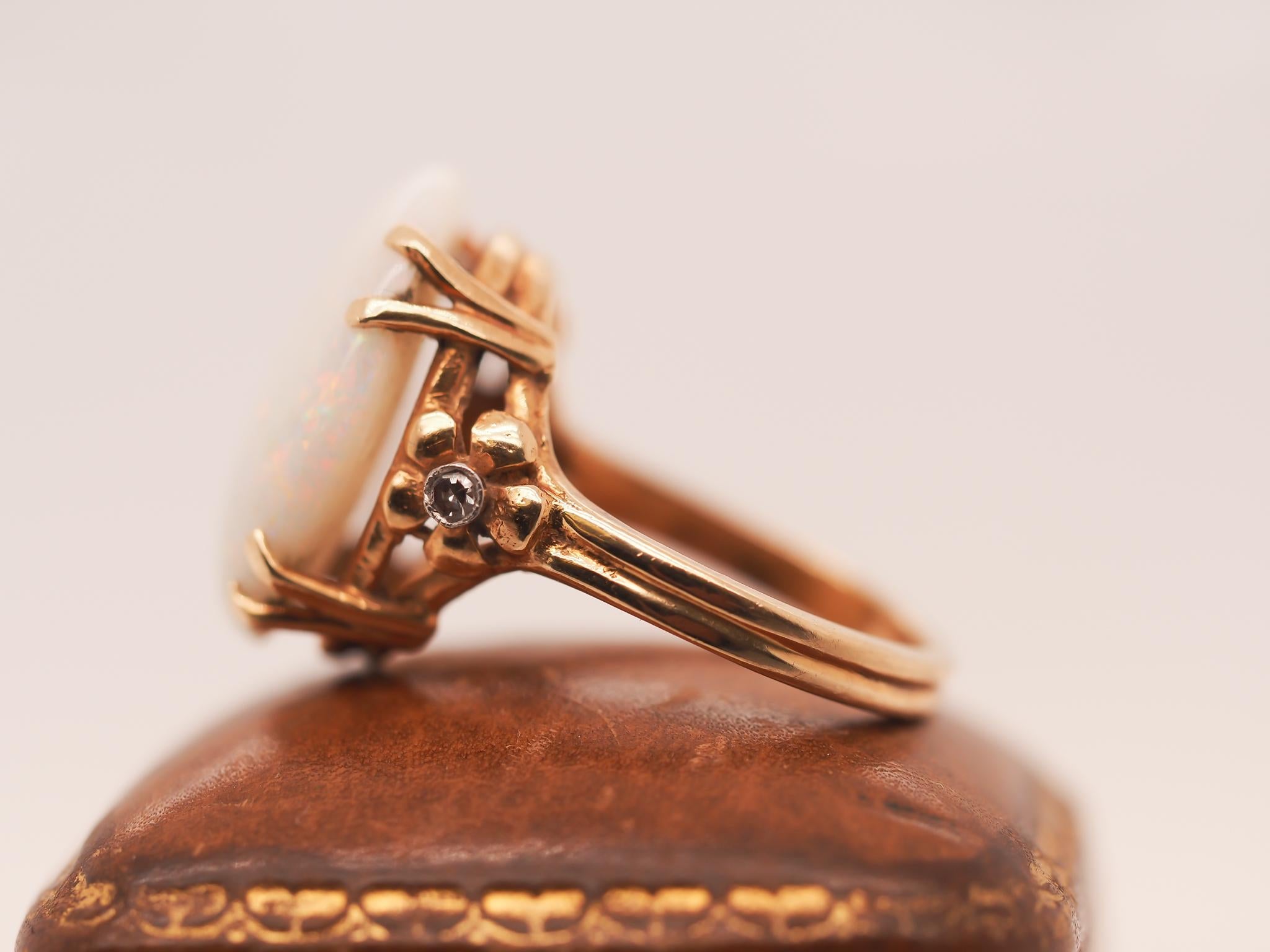 Women's or Men's 1950s 14K Yellow Gold Large Opal and Diamond Ring For Sale