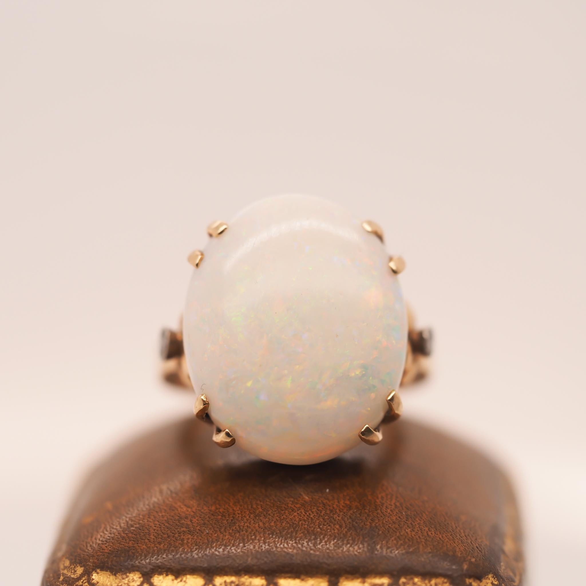 1950s 14K Yellow Gold Large Opal and Diamond Ring For Sale 2
