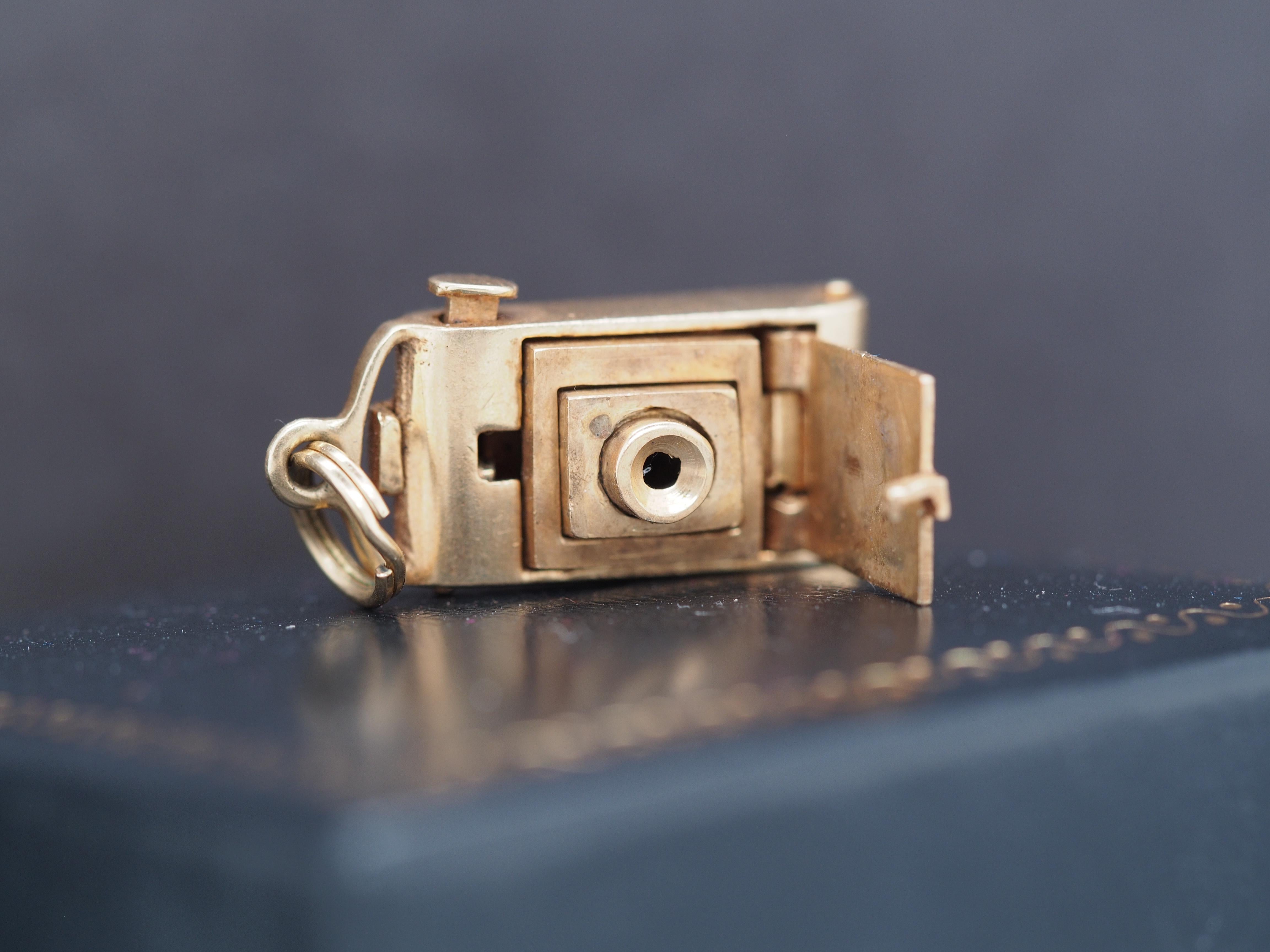 Year: 1950s
Item Details:
Metal Type: 14K White Gold [Hallmarked, and Tested]
Weight: 5.5 grams
*When you press the button to take a picture the camera lens pops open with a fantastic mechanism! A True one of a kind piece.
Measurement: .75 inch long
