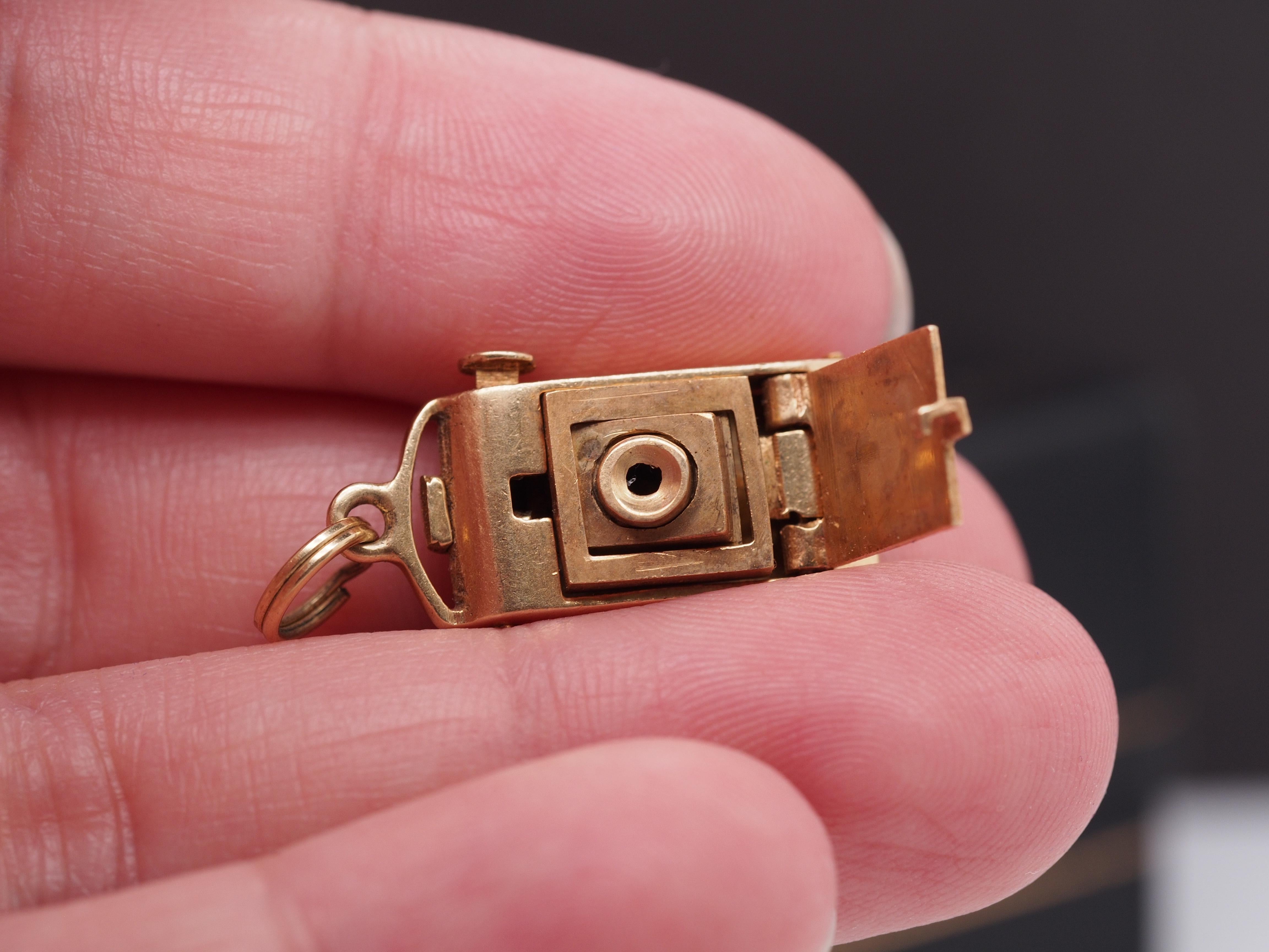 Art Deco 1950s 14K Yellow Gold Mechanical Camera Pendant and Charm For Sale