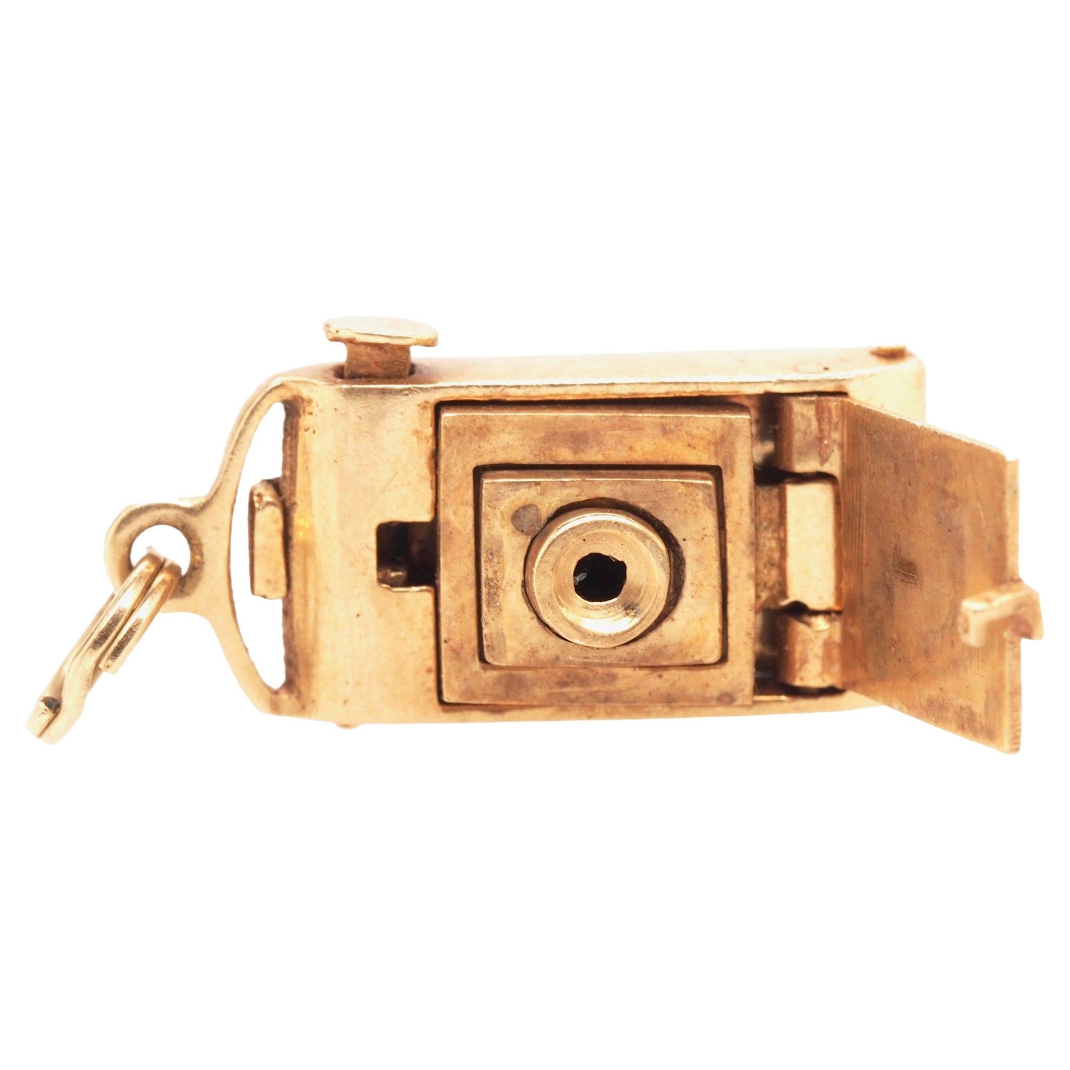 1950s 14K Yellow Gold Mechanical Camera Pendant and Charm For Sale