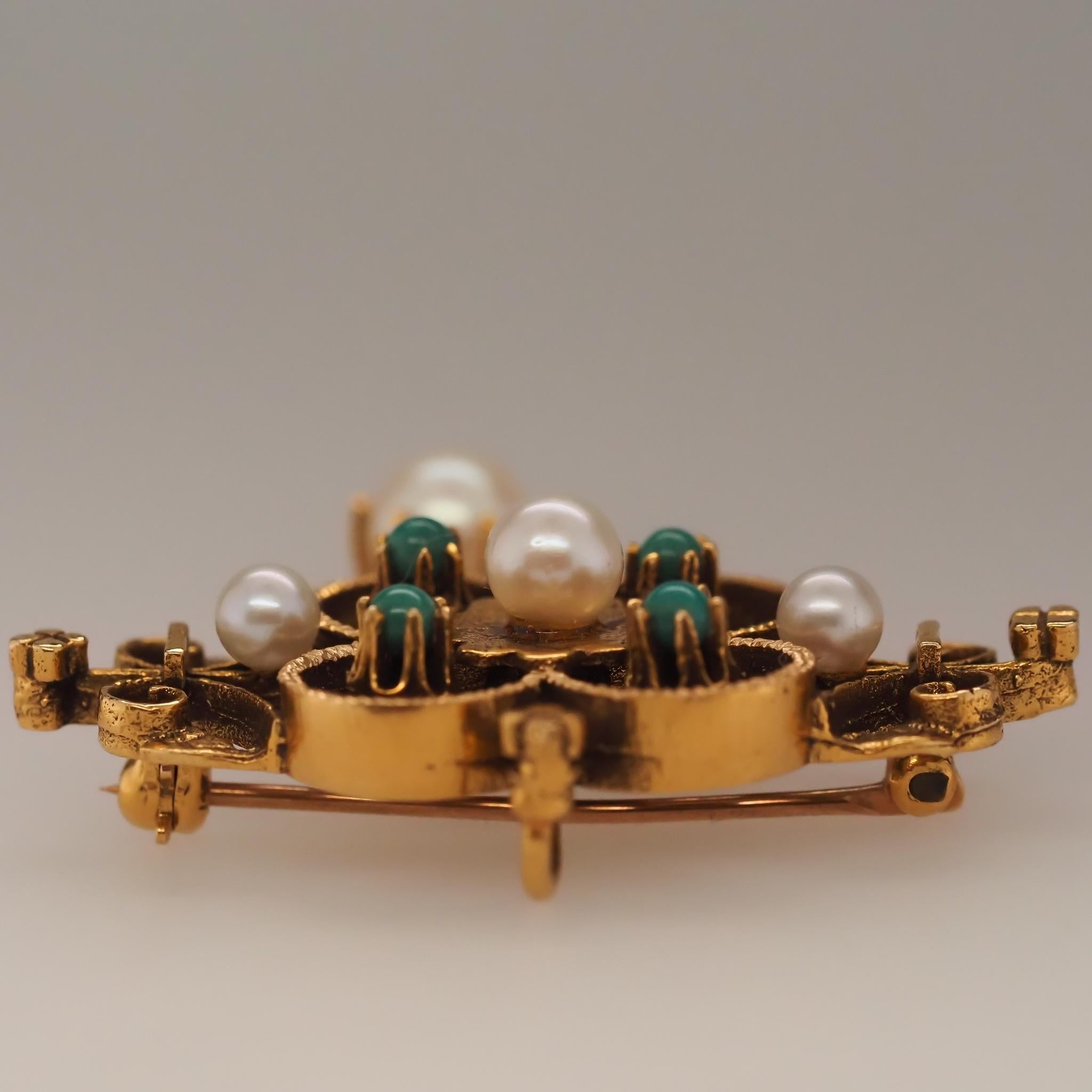 1950s 14K Yellow Gold Pearl and Turquoise Brooch and Pendant For Sale 6
