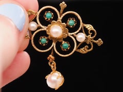 Broche et pendentif en or jaune 14K des années 1950 avec perles et turquoises