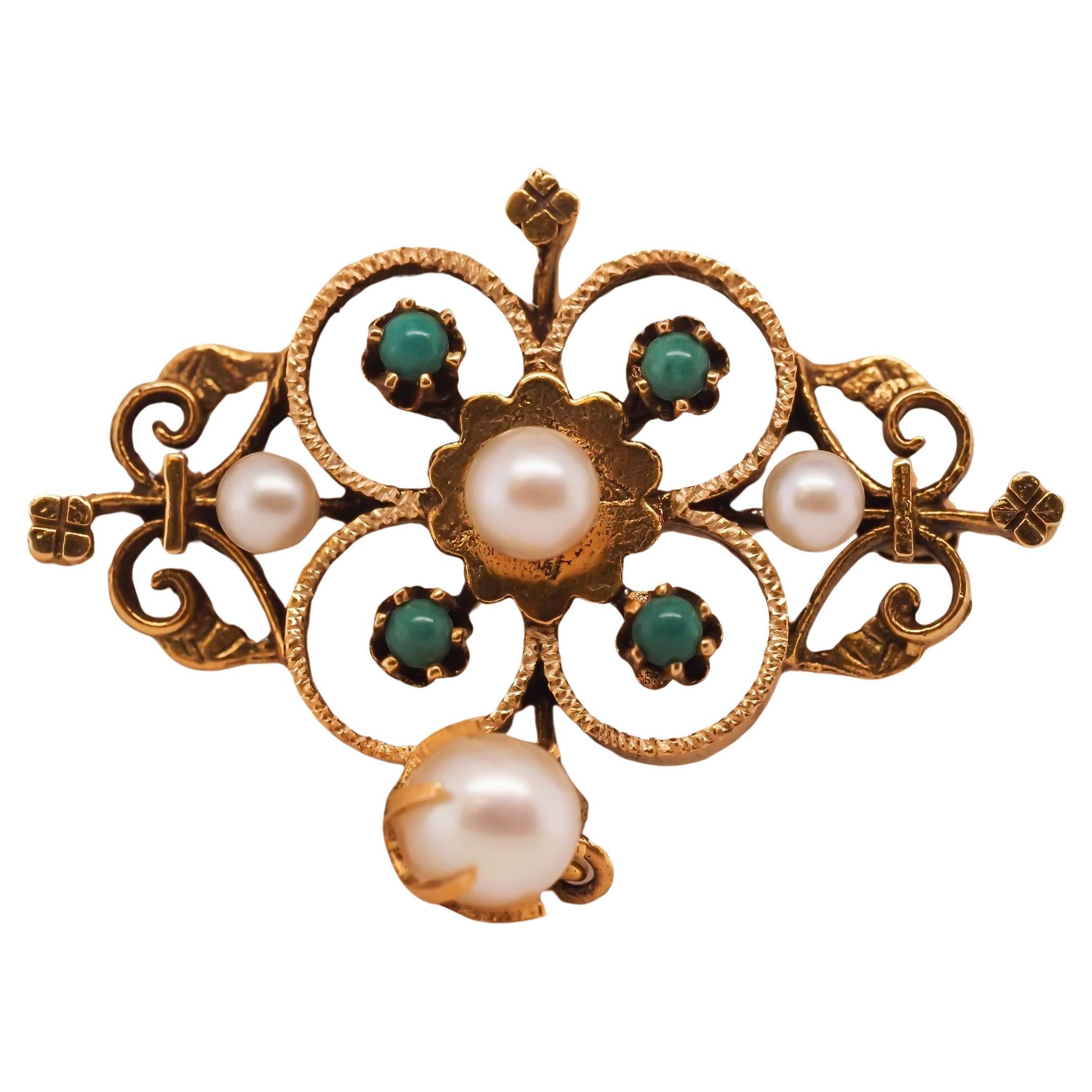 1950s 14K Yellow Gold Pearl and Turquoise Brooch and Pendant For Sale