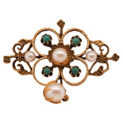 Broche y colgante de oro amarillo de 14 quilates con perlas y turquesas de los años 50