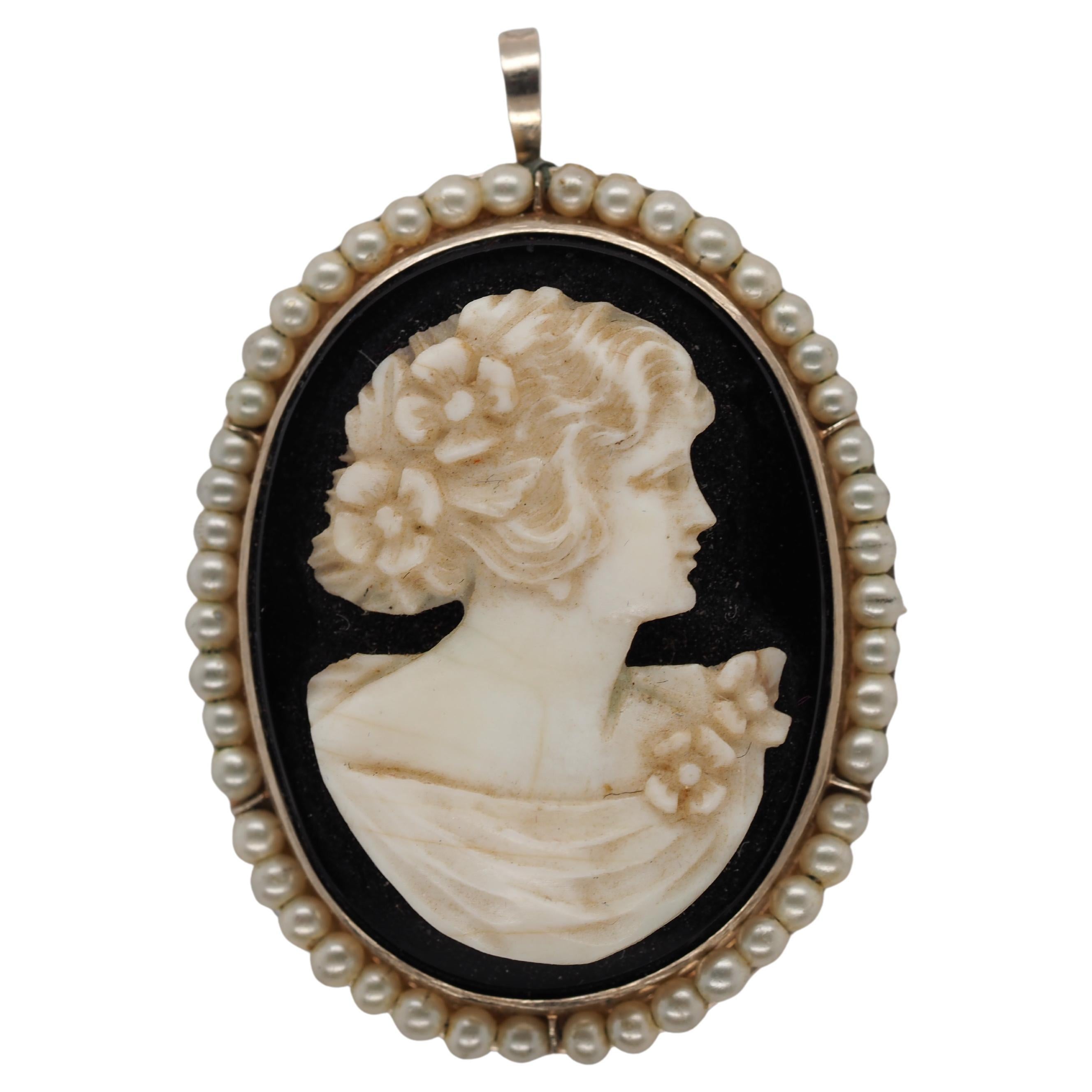 1950s 14k Yellow Gold Pearl Cameo Pendant and Brooch For Sale