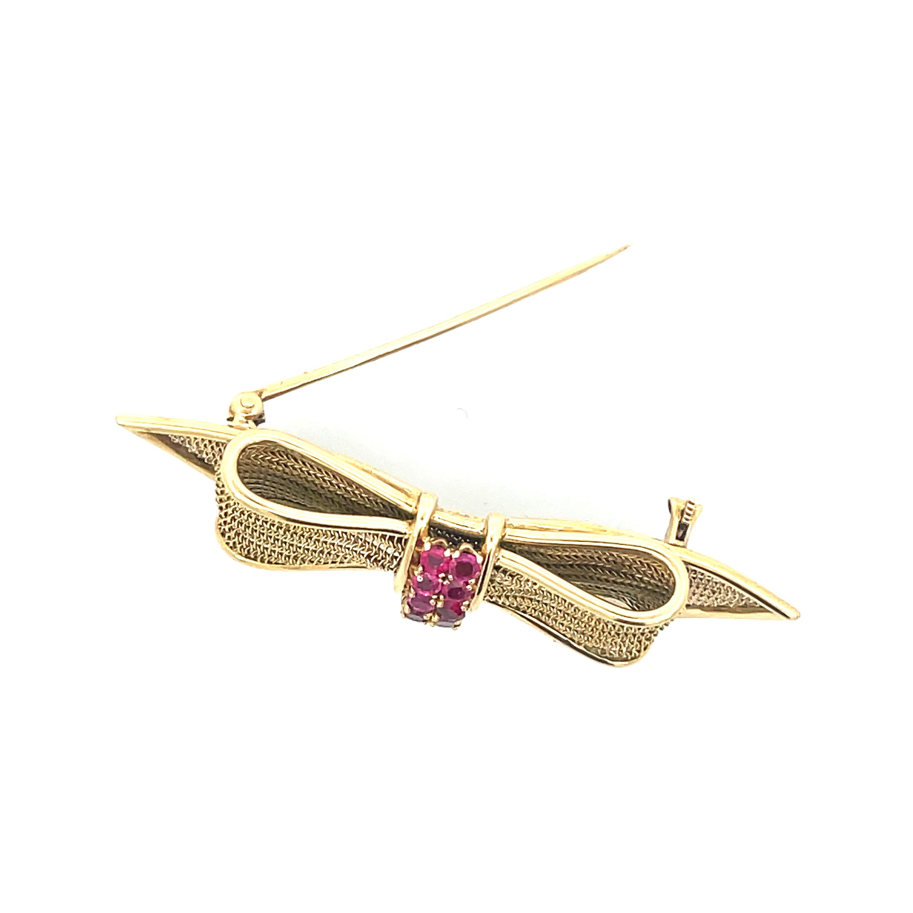 Contemporary 1950s 14K Yellow Gold Ruby Bow Pin  For Sale