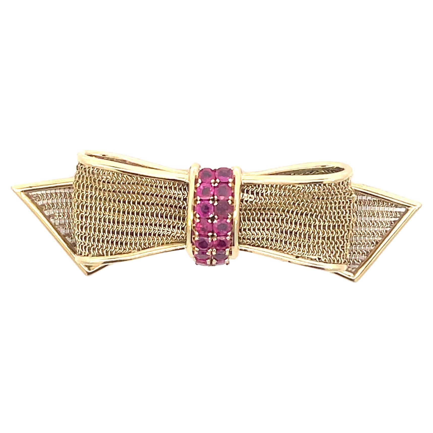 1950s 14K Yellow Gold Ruby Bow Pin  For Sale