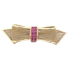 1950s 14K Yellow Gold Ruby Bow Pin 