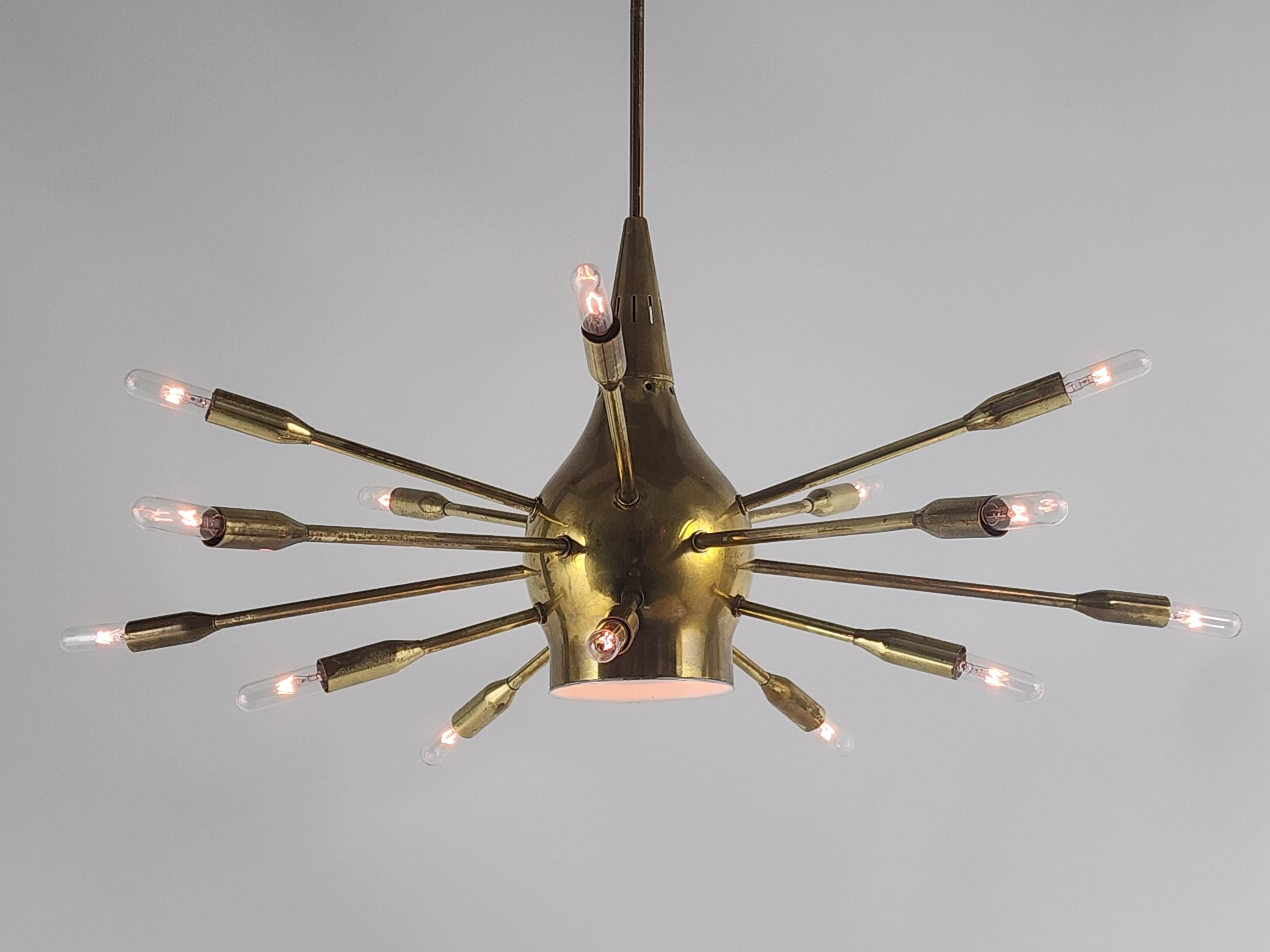 Mid-20th Century 1950s 15 Arm Sputnik Chandelier with Down Light, Italy  For Sale