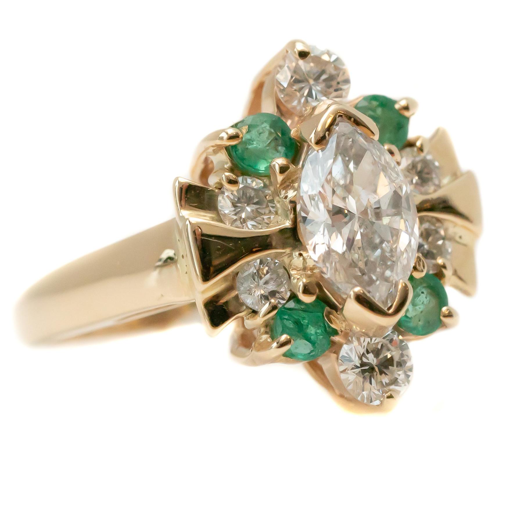 1950s 1.5 Carat Total Diamond, Emerald and Yellow Gold Marquise Cocktail Ring