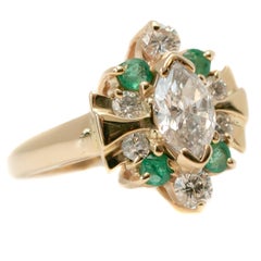 Vintage 1950s 1.5 Carat Total Diamond, Emerald and Yellow Gold Marquise Cocktail Ring