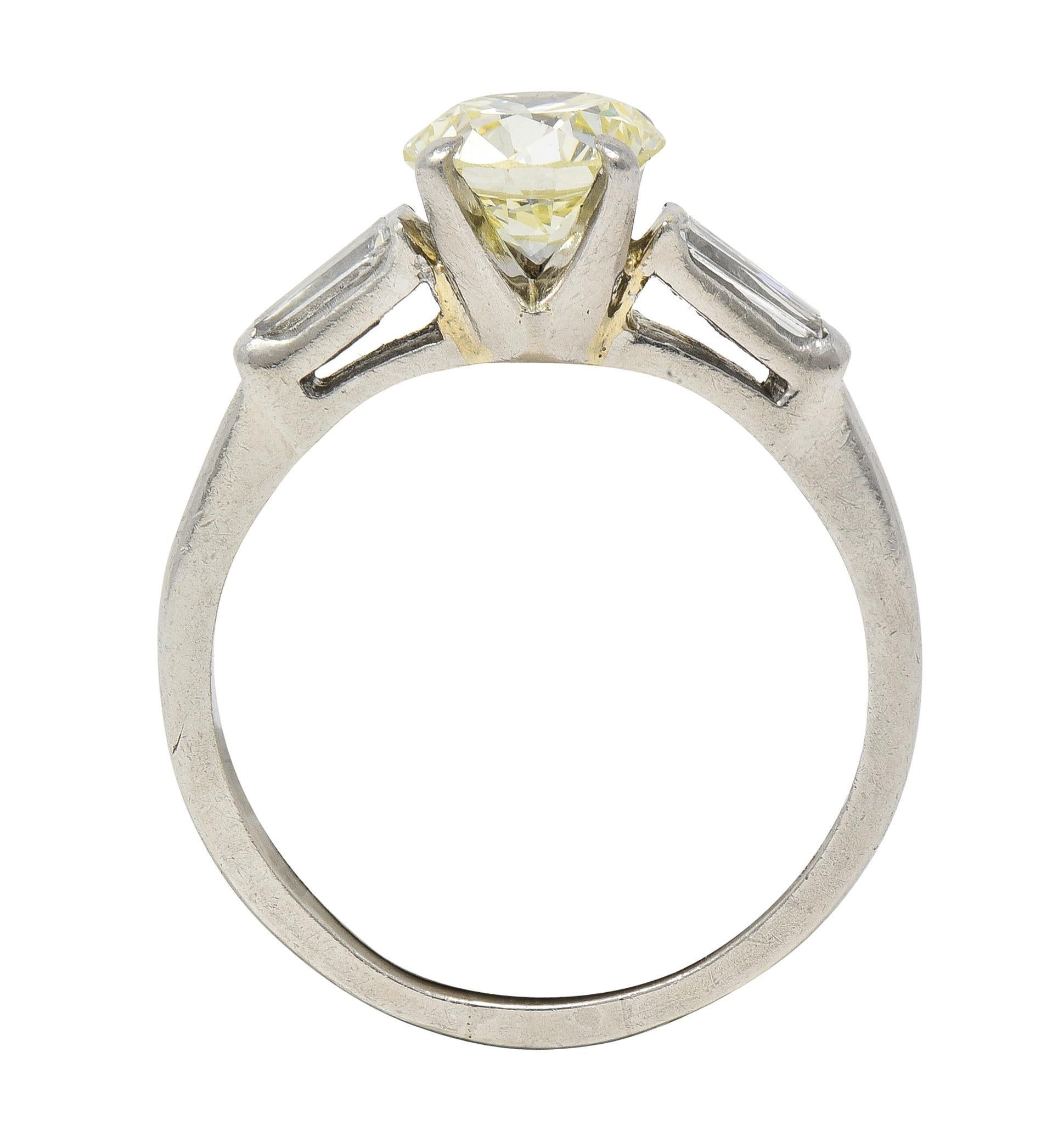 1950s 1.50 CTW Transitional Diamond Platinum Three Stone Vintage Engagement Ring For Sale 5