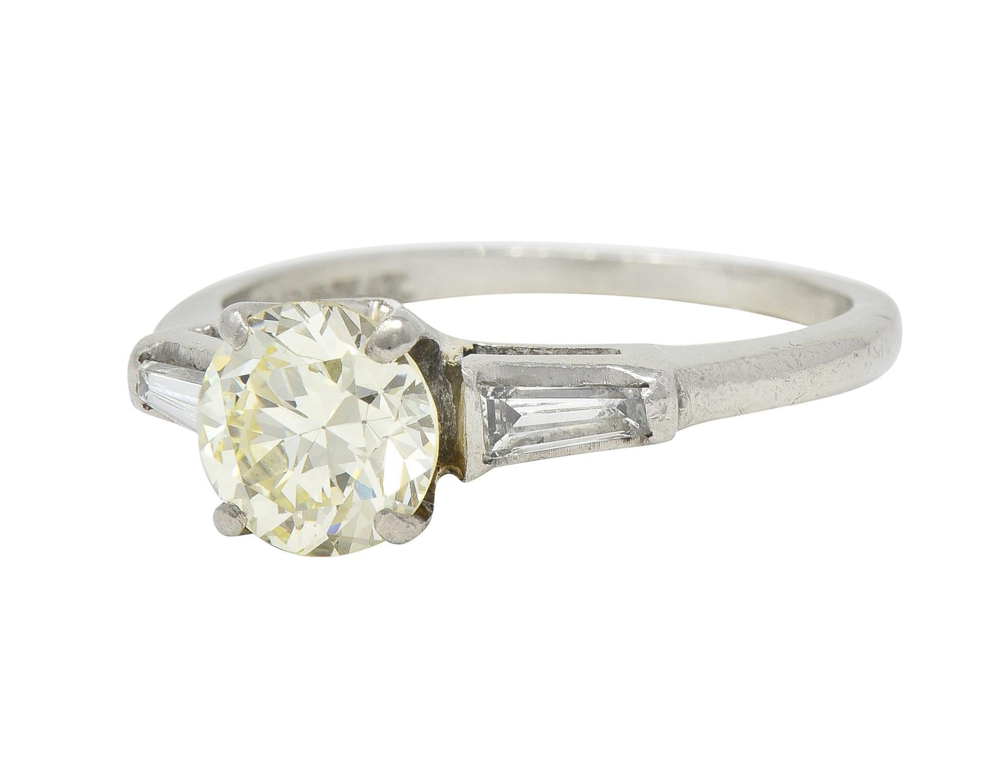 1950s 1.50 CTW Transitional Diamond Platinum Three Stone Vintage Engagement Ring For Sale 1