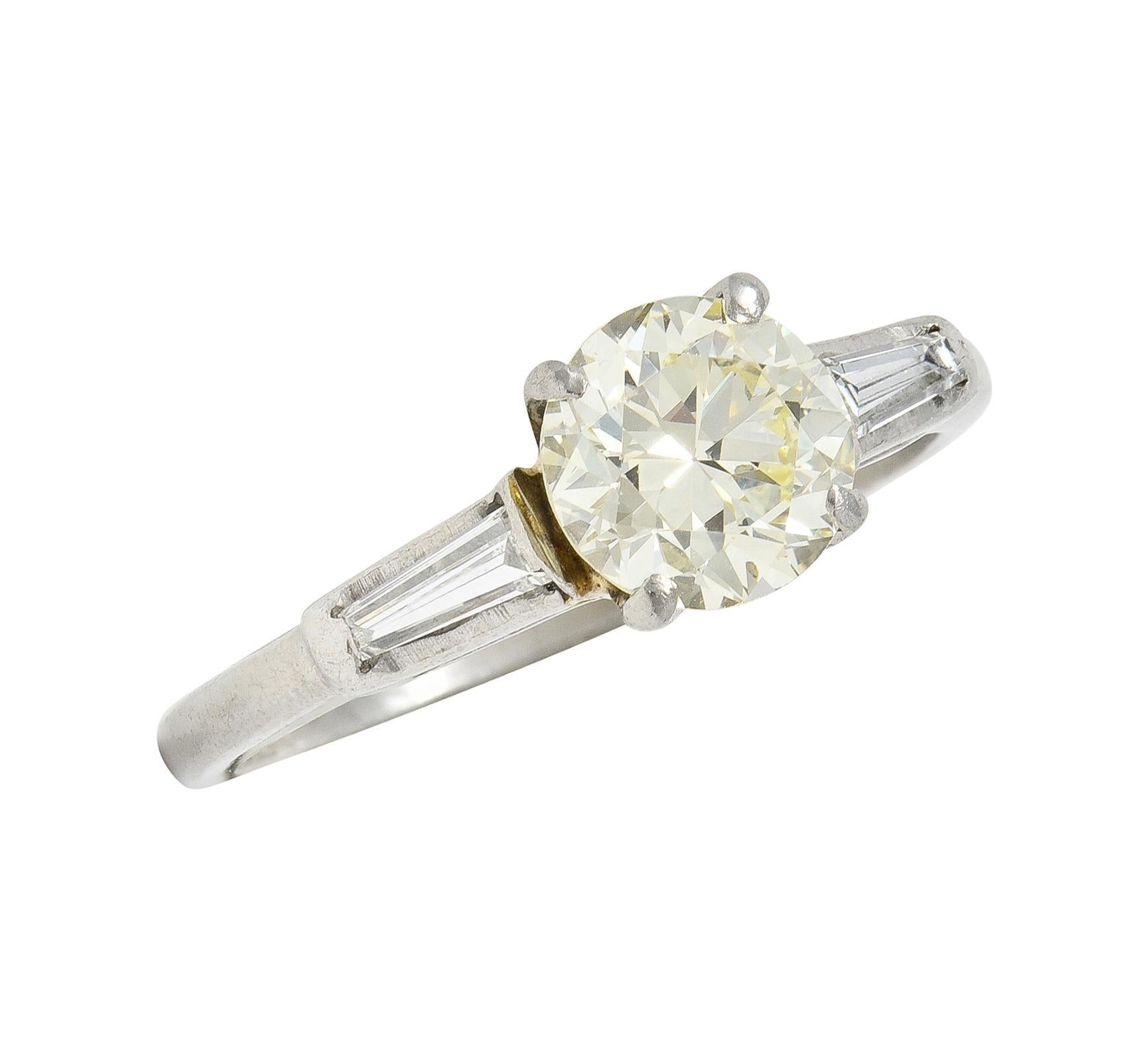 1950s 1.50 CTW Transitional Diamond Platinum Three Stone Vintage Engagement Ring For Sale 3