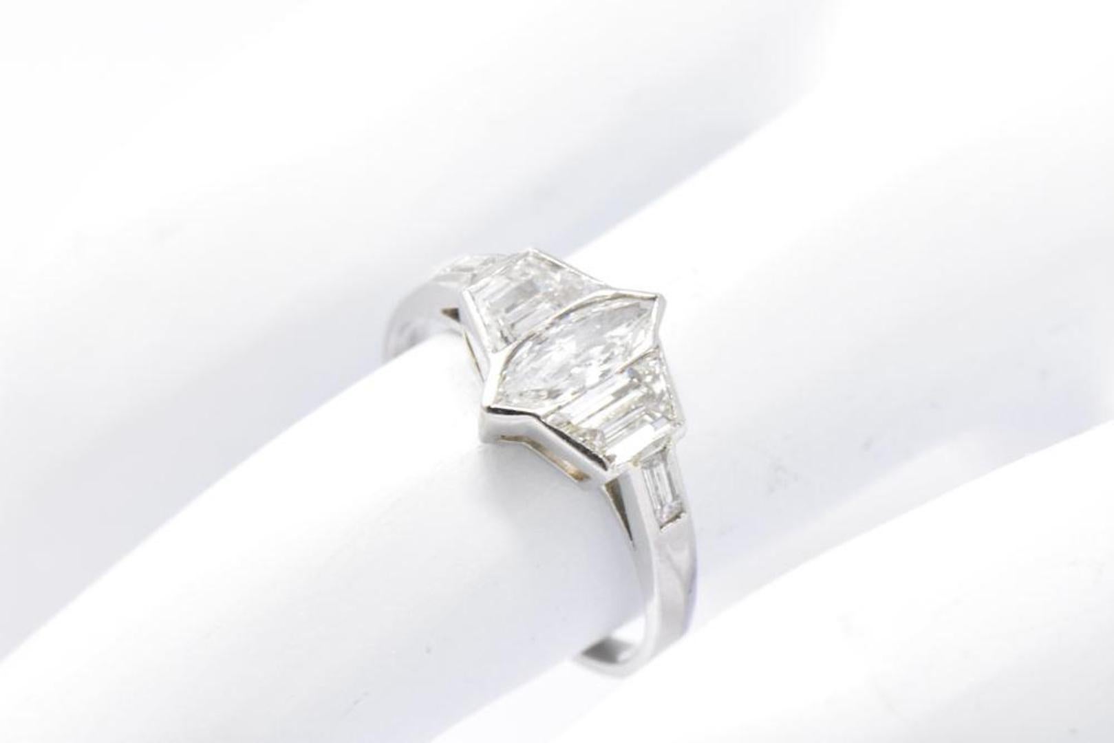 Retro 1950's 1.55 CTW Marquise & Trapezoid Diamond Platinum Engagement Ring