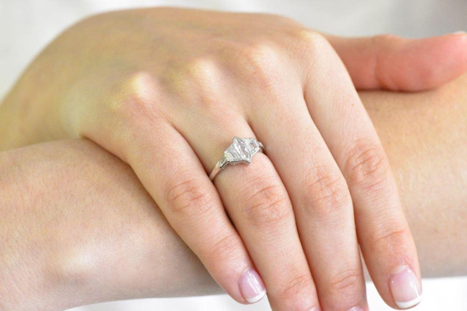 Women's or Men's 1950's 1.55 CTW Marquise & Trapezoid Diamond Platinum Engagement Ring
