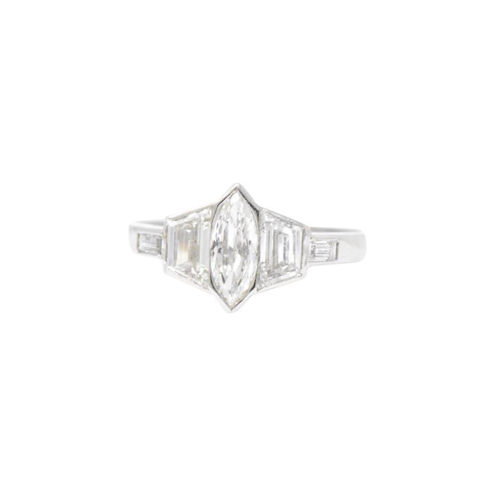 1950's 1.55 CTW Marquise & Trapezoid Diamond Platinum Engagement Ring 1