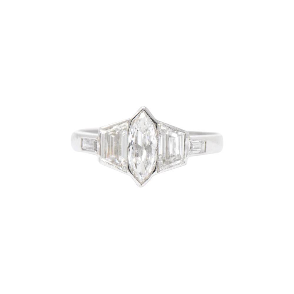 1950's 1.55 CTW Marquise & Trapezoid Diamond Platinum Engagement Ring 2