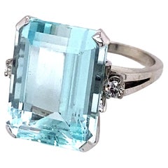 1950s 16 Carat Aquamarine and Diamond Ring in 14 Karat White Gold