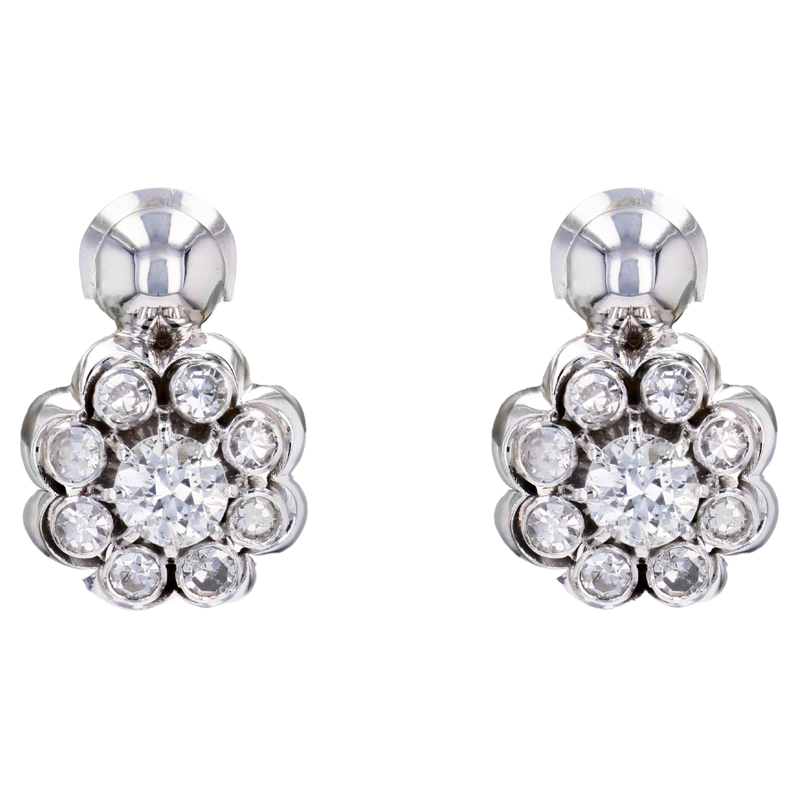 1950s 1.60 Carat Diamonds 18 Karat White Gold Daisy Clip Earrings For Sale