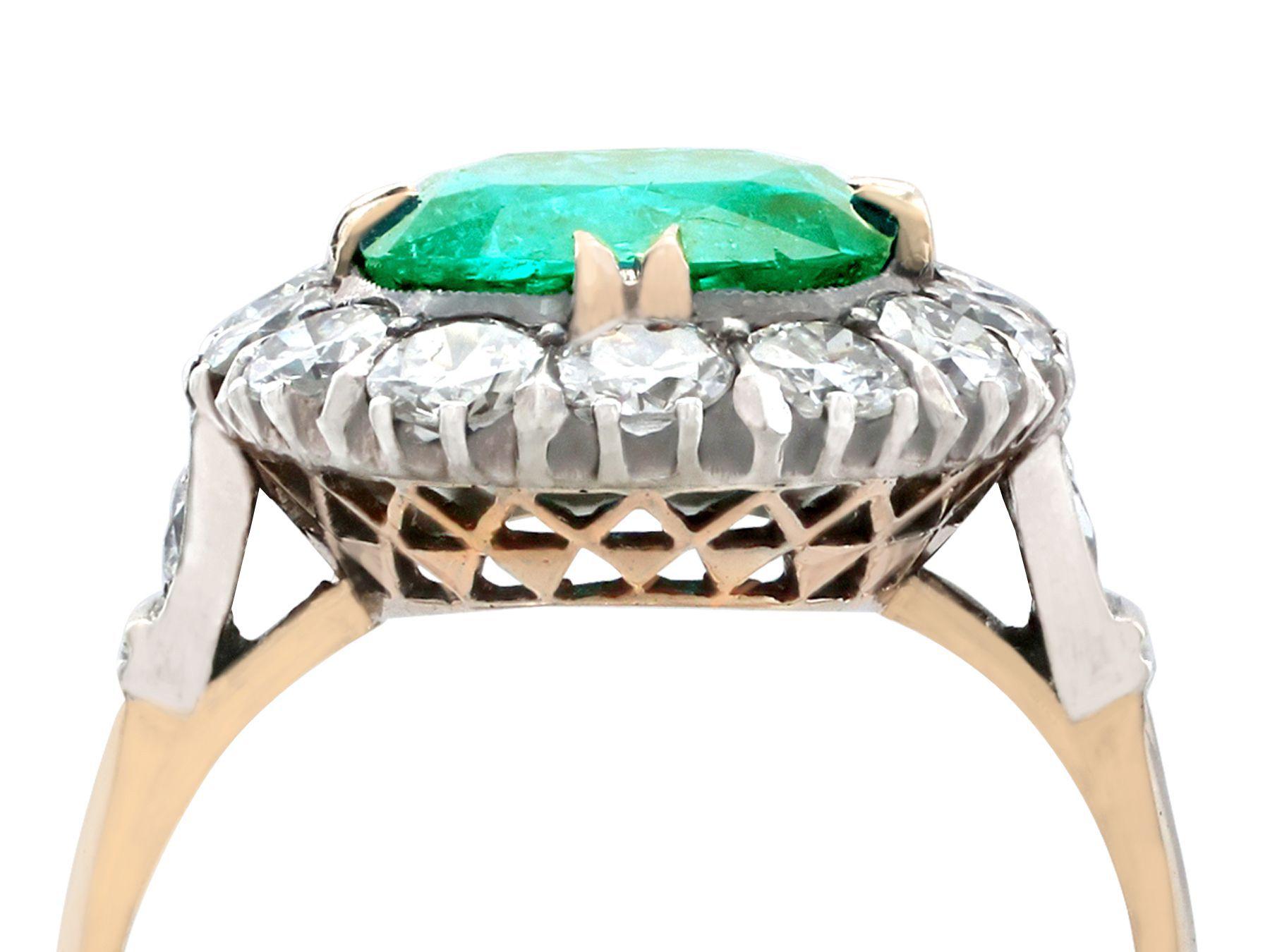 Women's 1950s 1.74 Carat Oval Cut Emerald and Diamond Yellow Gold Cluster Ring