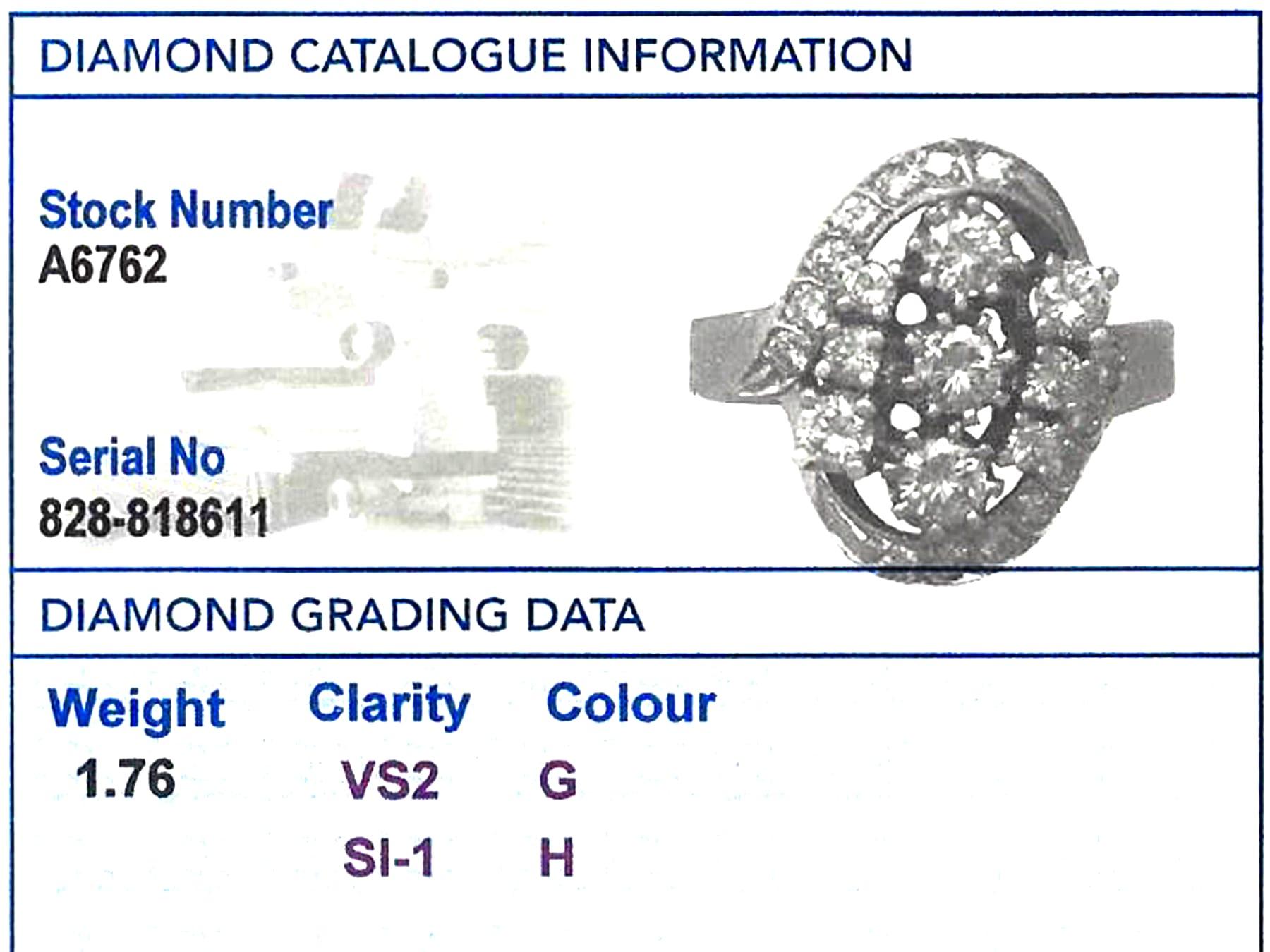 1950s 1.76 Carat Diamond and White Gold Cocktail Ring For Sale 1