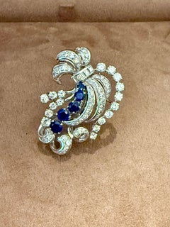 1950s 18 K white Gold Diamond Sapphire  Pin Brooch /Pendant