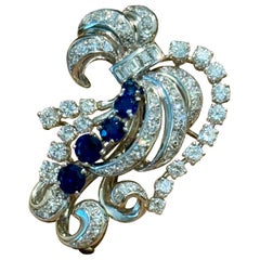 1950s 18 K white Gold Diamond Sapphire  Pin Brooch /Pendant