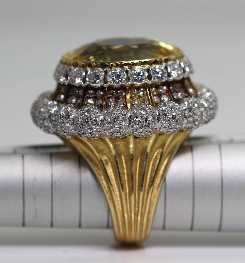 Modern 1950s 18 Karat Gold Buccellati Yellow Sapphire Diamond Ring Certified by SSEF For Sale
