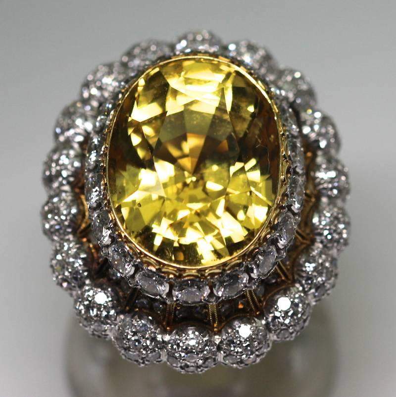1950s 18 Karat Gold Buccellati Yellow Sapphire Diamond Ring Certified by SSEF For Sale 1