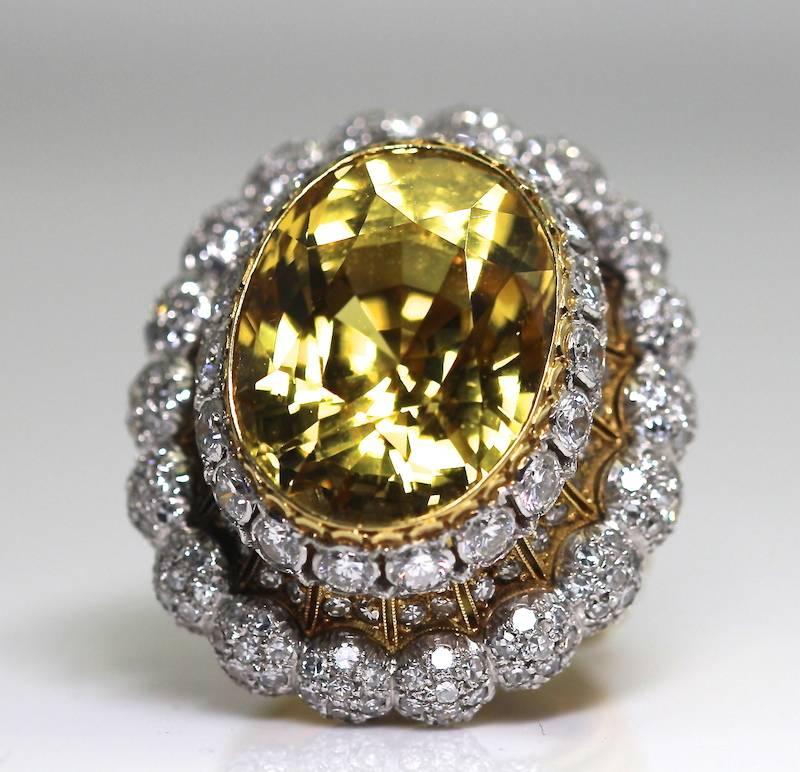 1950s 18 Karat Gold Buccellati Yellow Sapphire Diamond Ring Certified by SSEF For Sale 2