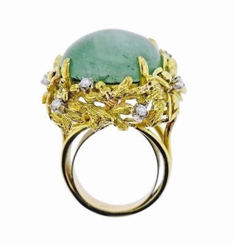 Modern 1950s 18 Karat Gold Diamond Emerald Cabachon Cocktail Ring