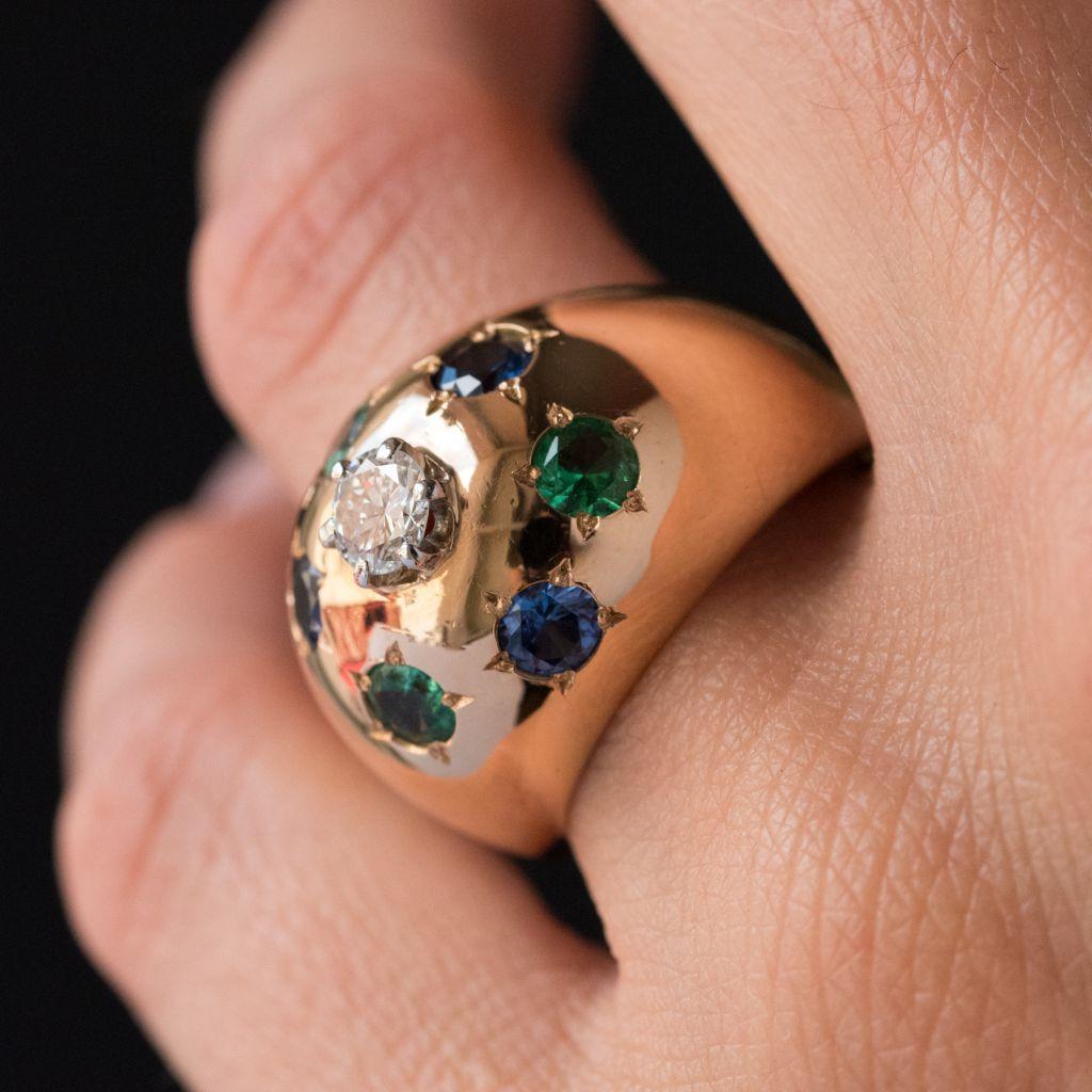 Women's 1950s 18 Karat Rose Gold Emerald Sapphire Diamond Constellation Dome Ring