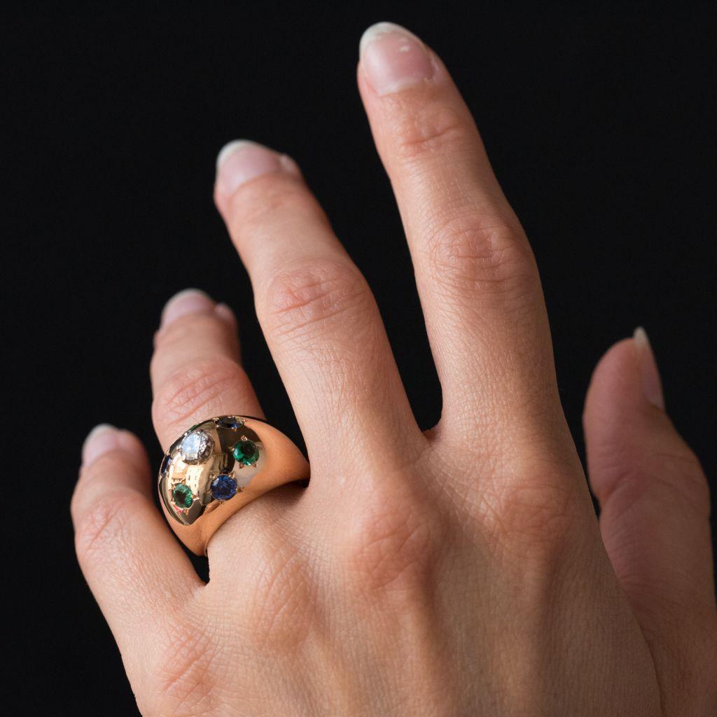 1950s 18 Karat Rose Gold Emerald Sapphire Diamond Constellation Dome Ring 1