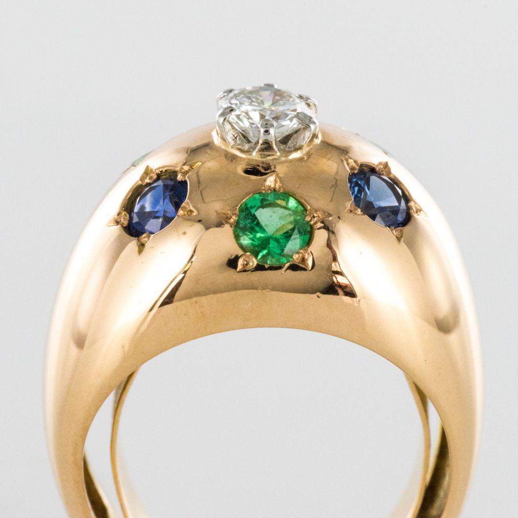 1950s 18 Karat Rose Gold Emerald Sapphire Diamond Constellation Dome Ring In Good Condition In Poitiers, FR