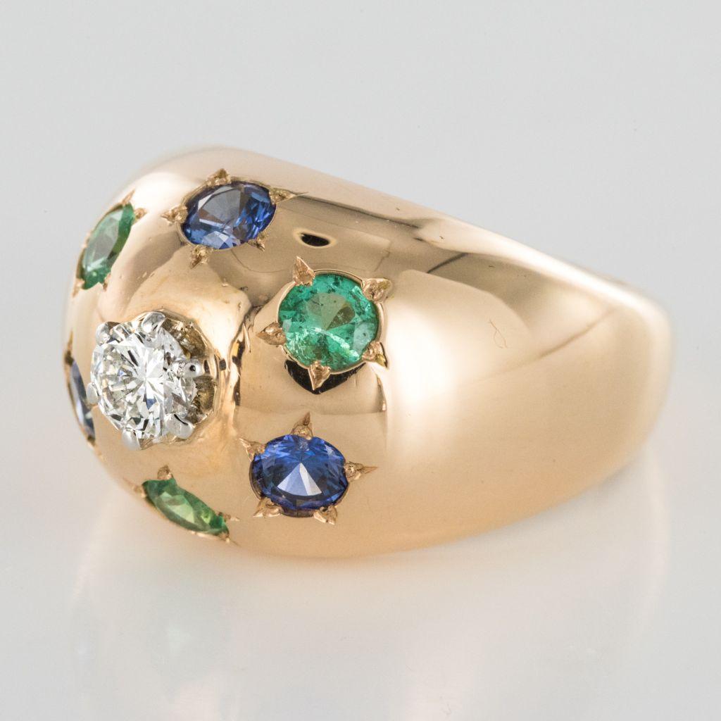 Retro 1950s 18 Karat Rose Gold Emerald Sapphire Diamond Constellation Dome Ring