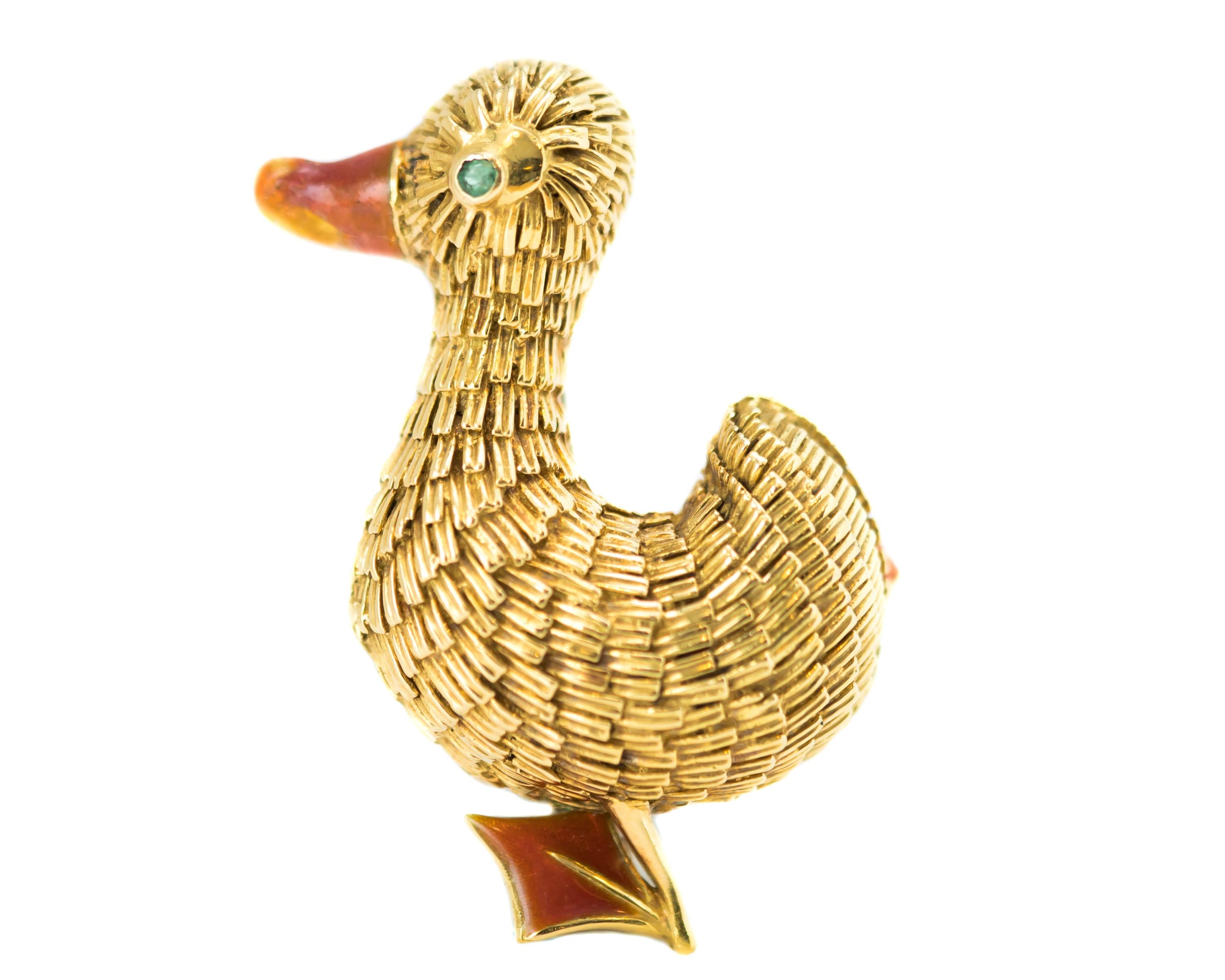 Broche canard en or jaune et émail 18 carats des années 1950 Bon état - En vente à Atlanta, GA