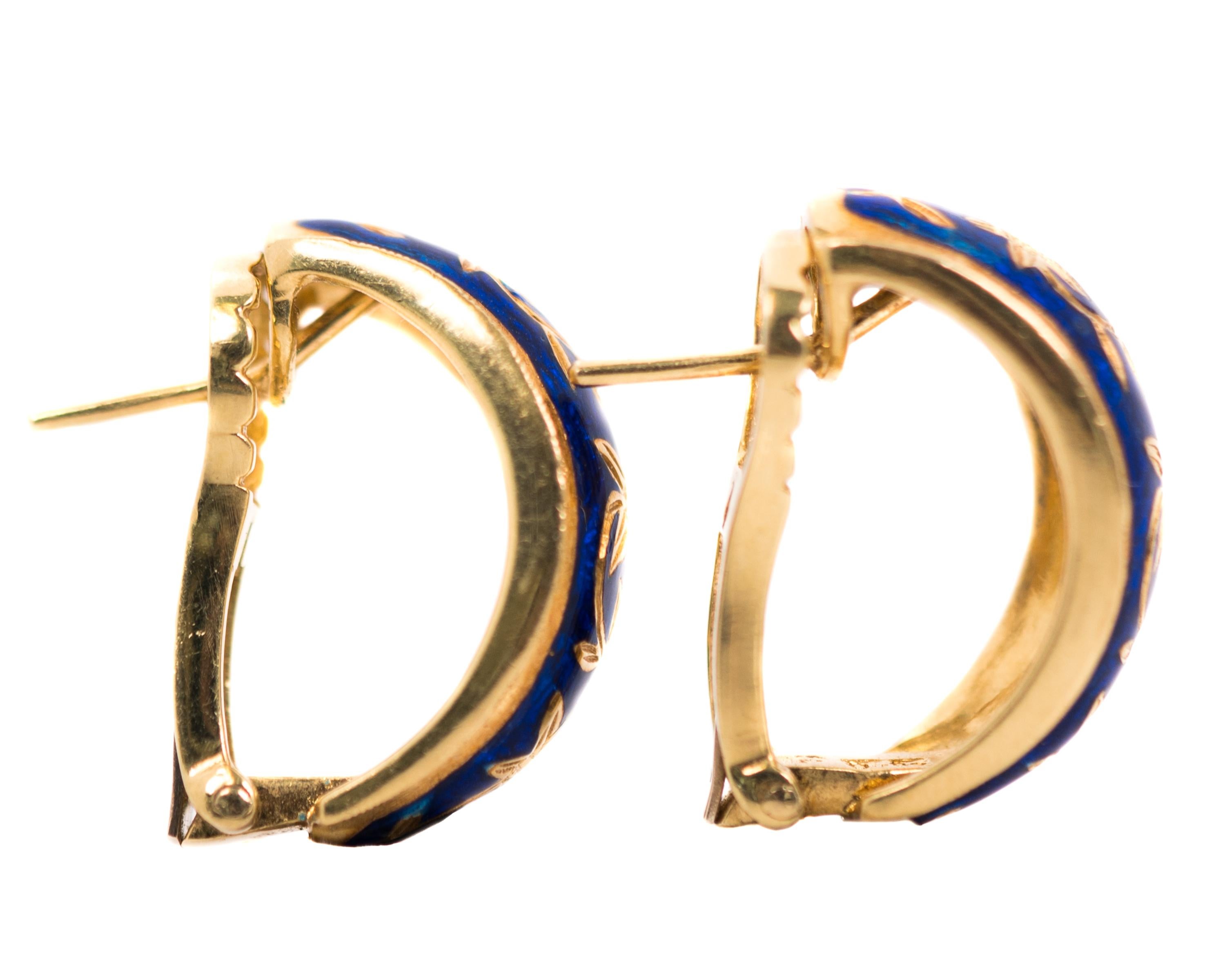 Retro 1950s 18 Karat Yellow Gold, Blue Enamel Floral Huggie Hoop Earrings