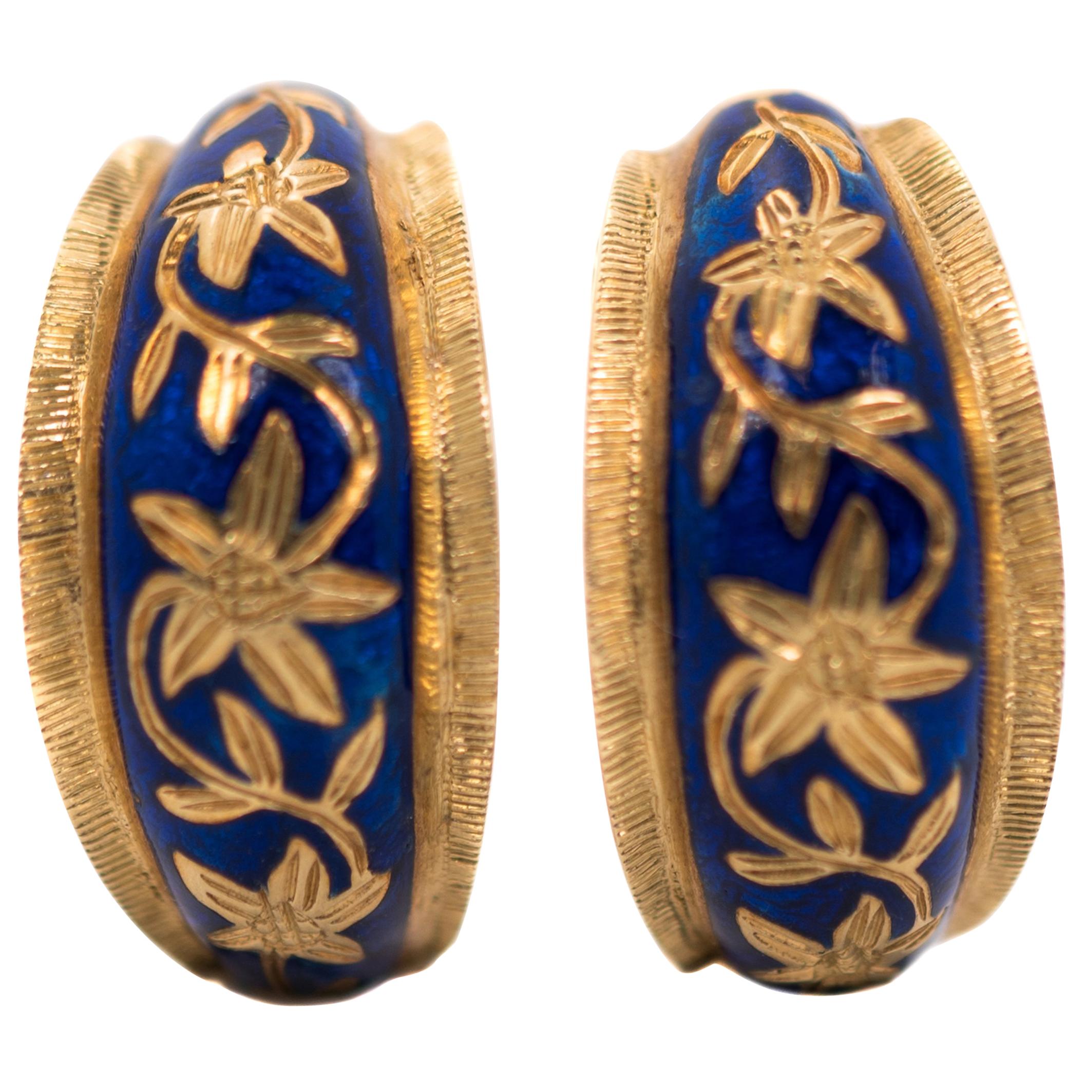 1950s 18 Karat Yellow Gold, Blue Enamel Floral Huggie Hoop Earrings