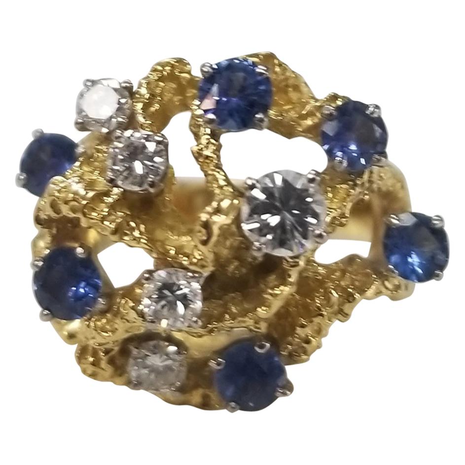 1950s 18 Karat Yellow Gold Diamond and Sapphire Freeform Ring