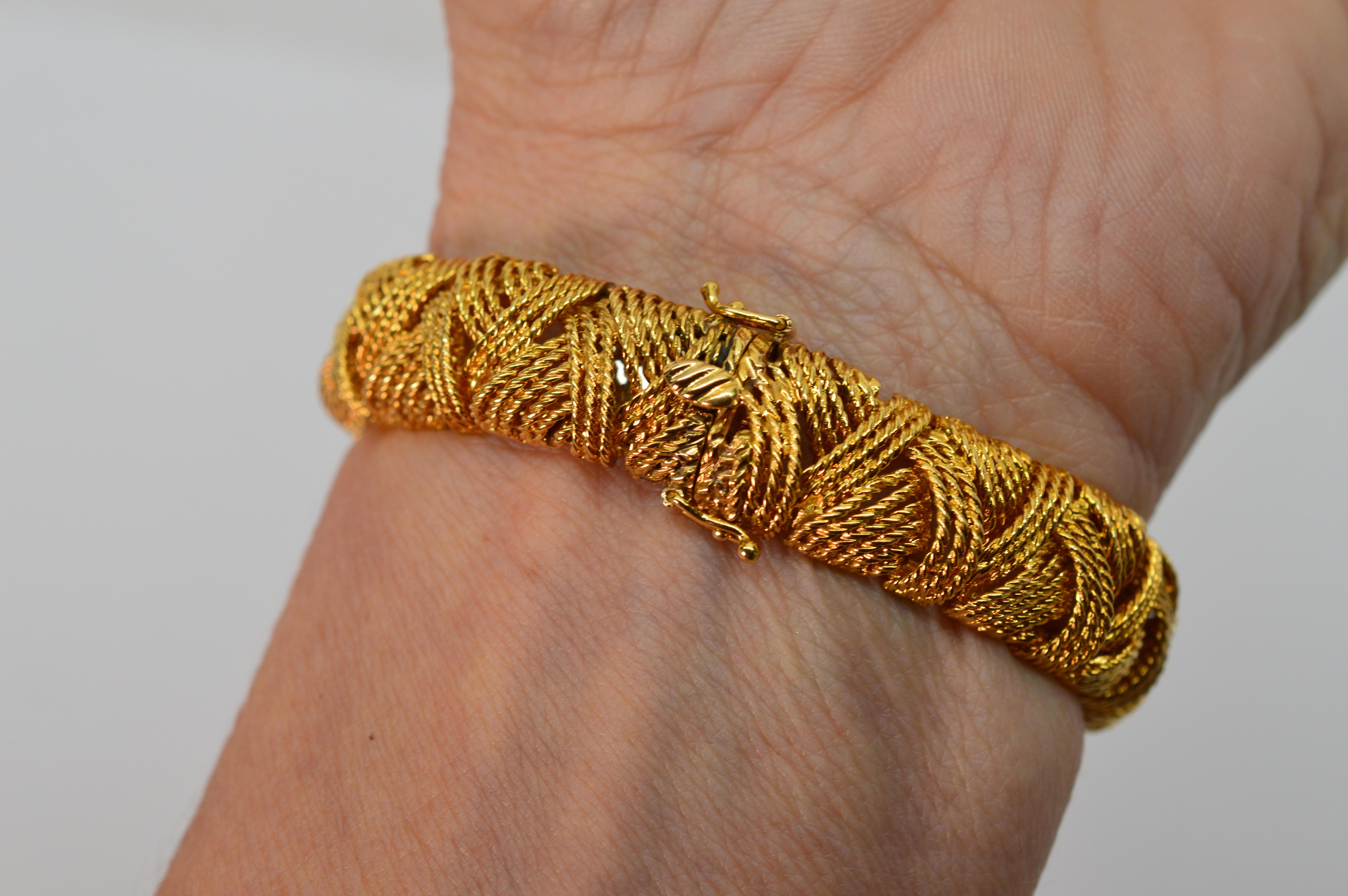 Brilliant Cut Woven 18 Karat Yellow Gold Rope Diamond Retro 1950's Bracelet   For Sale