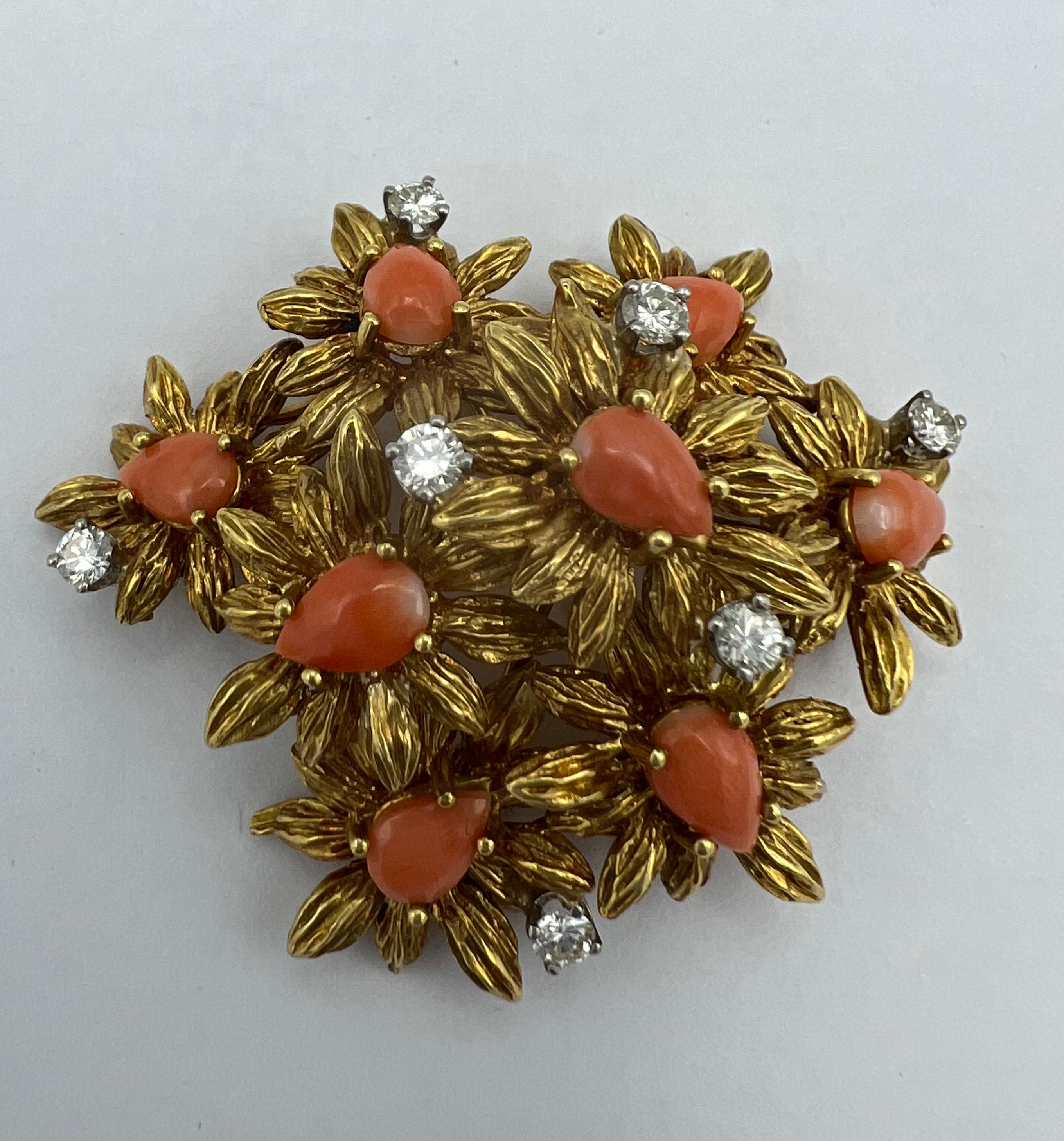 Pear Cut 1950’s 18k Gold Coral Diamond Floral Brooch