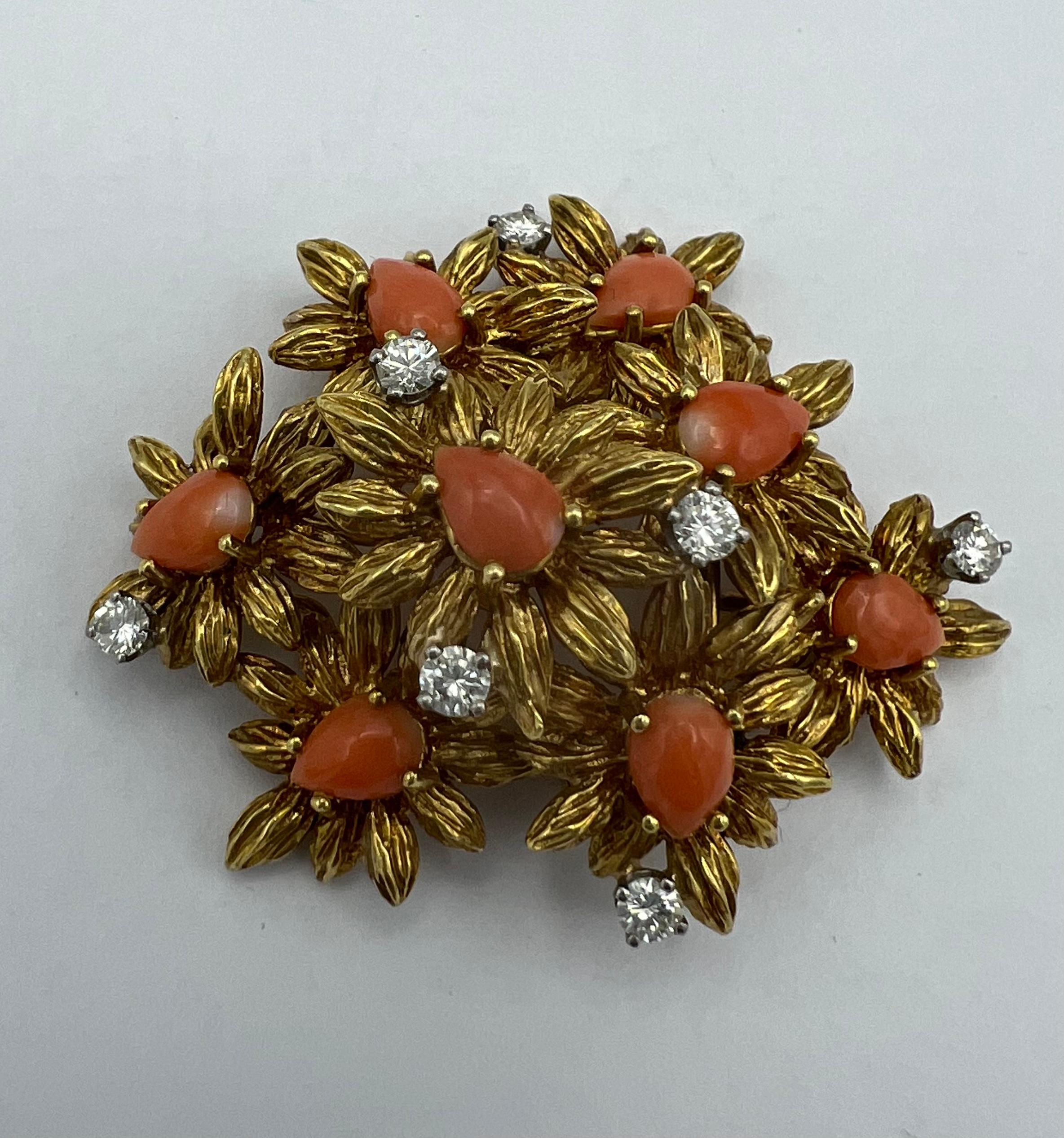 Women's 1950’s 18k Gold Coral Diamond Floral Brooch