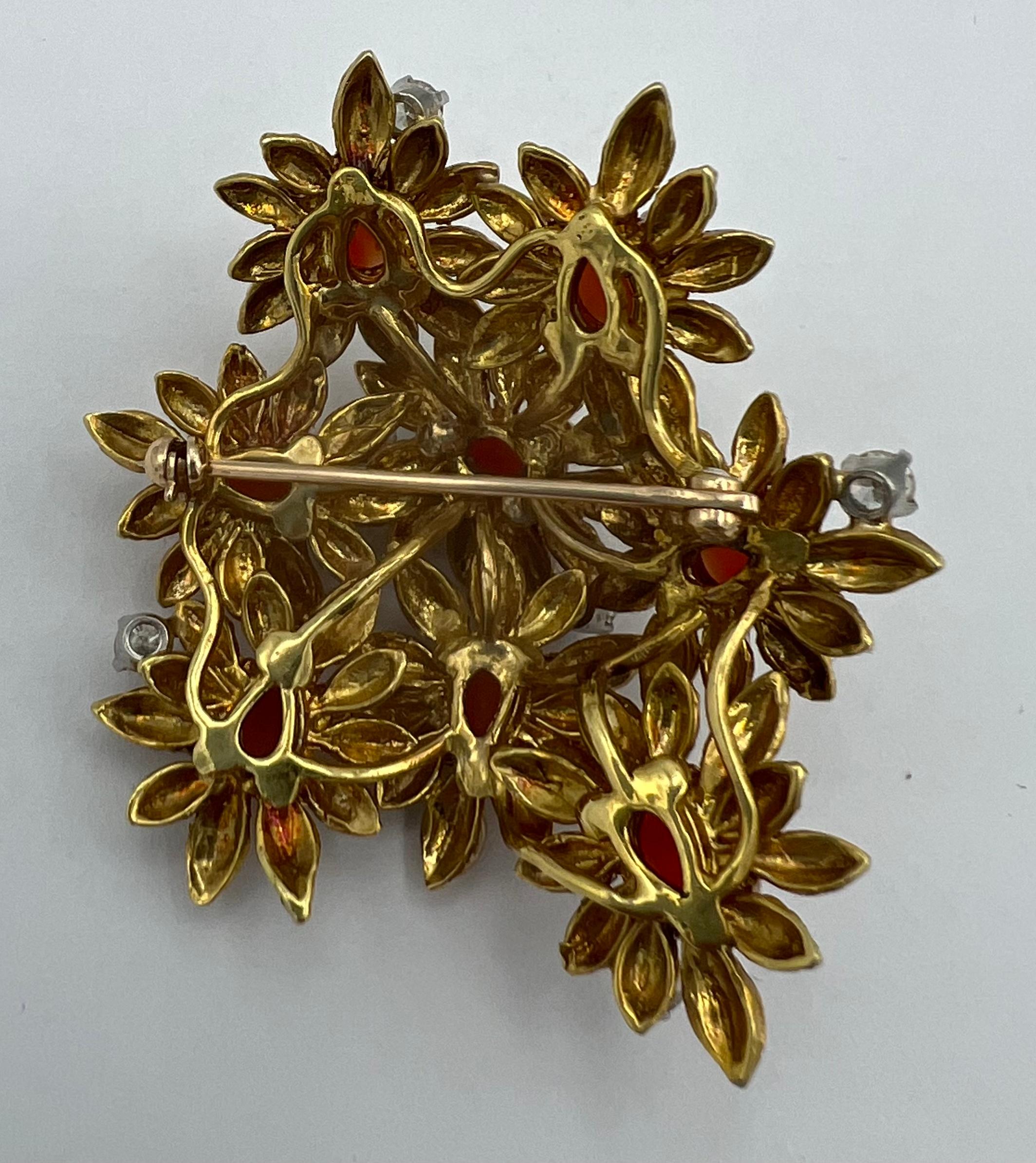 1950’s 18k Gold Coral Diamond Floral Brooch 1