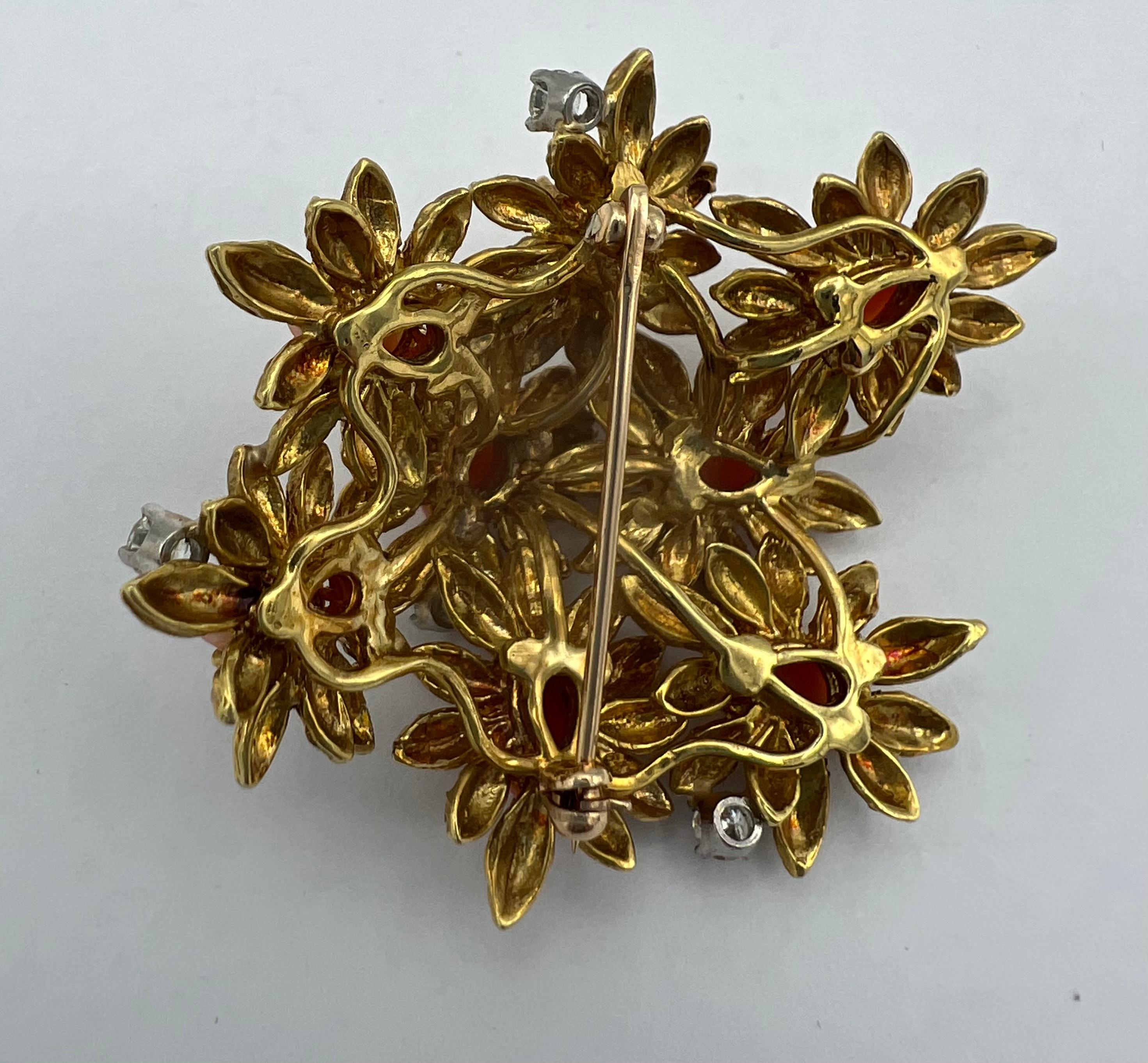 1950’s 18k Gold Coral Diamond Floral Brooch 2